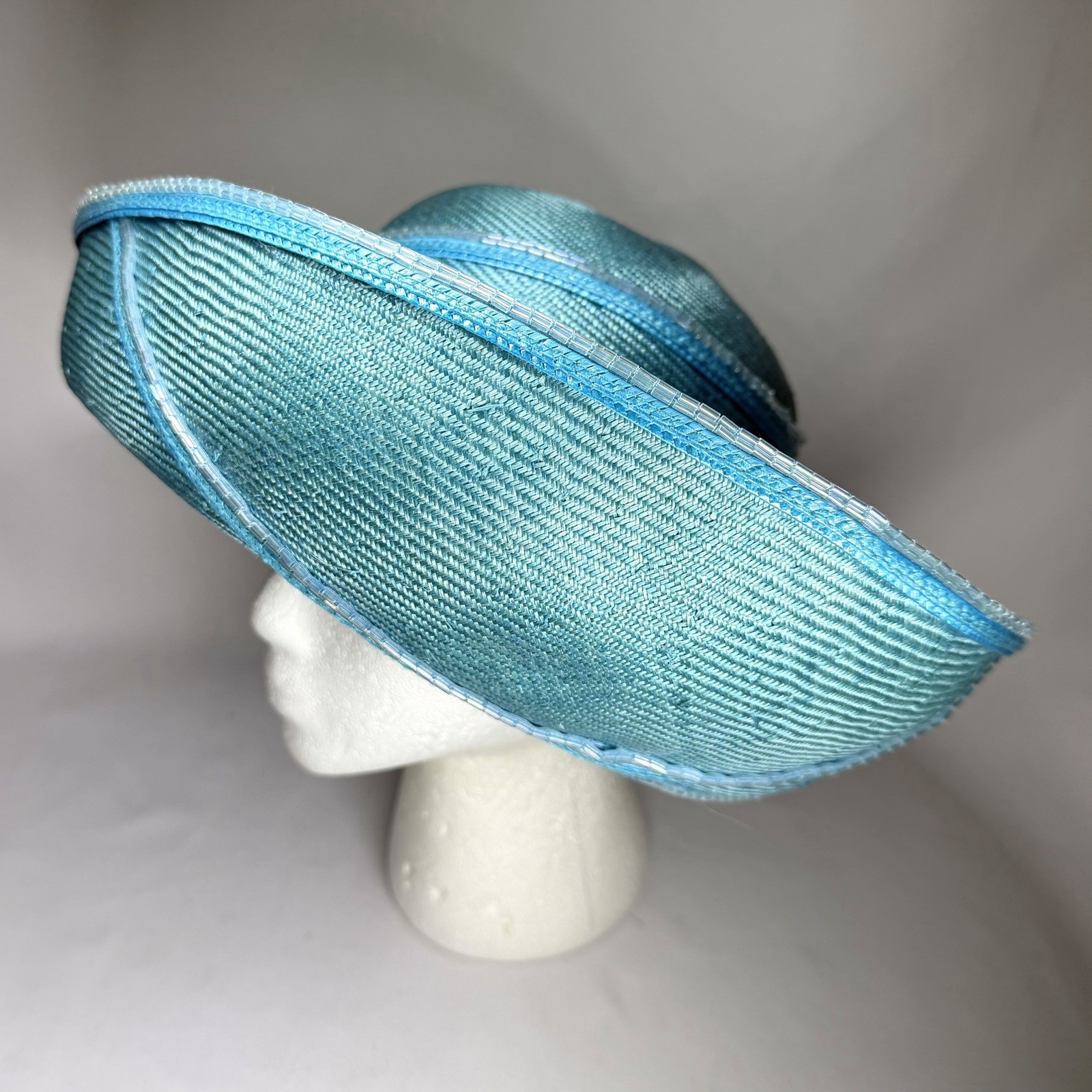 Mr. John Classic Vintage Straw Hat Turquoise Beaded Trim Asymmetrical Church NWT