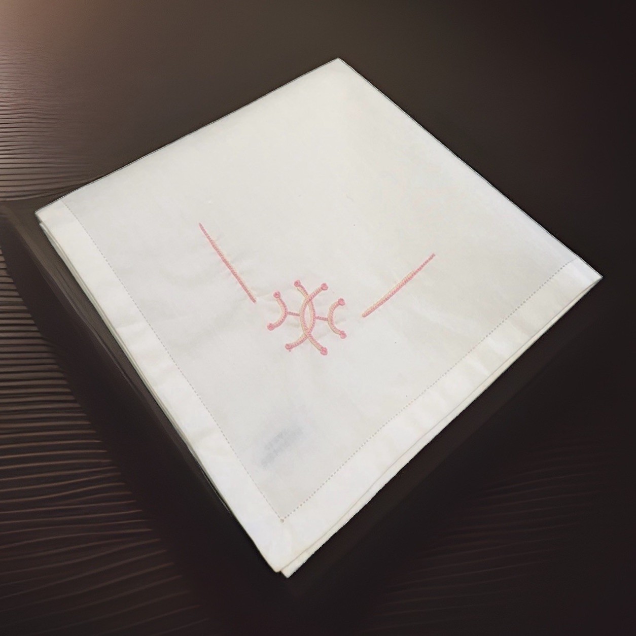Hermes 100% Cotton Handkerchief/pocket Square. White With Pink Embroidery.