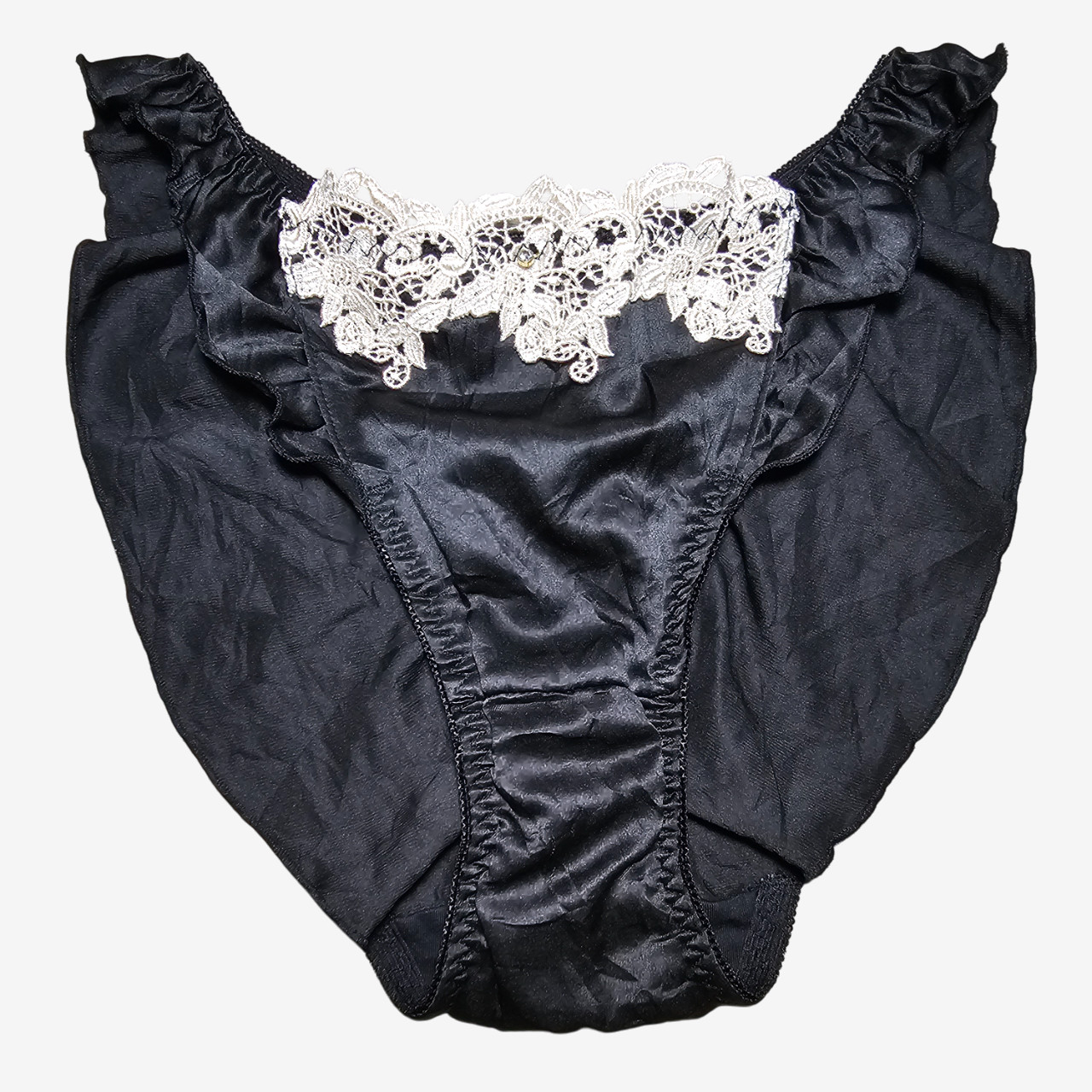 VTG Shiny Satin Panty Tap Lace French Cut Black Lounge Wear Sz. Small Hip 32-36″