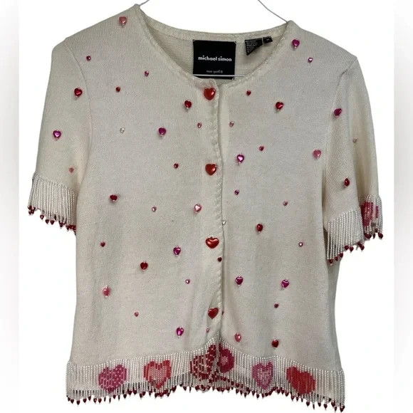 Vintage Michael Simon White Size S Heart Fringe & Beads Cardigan Top