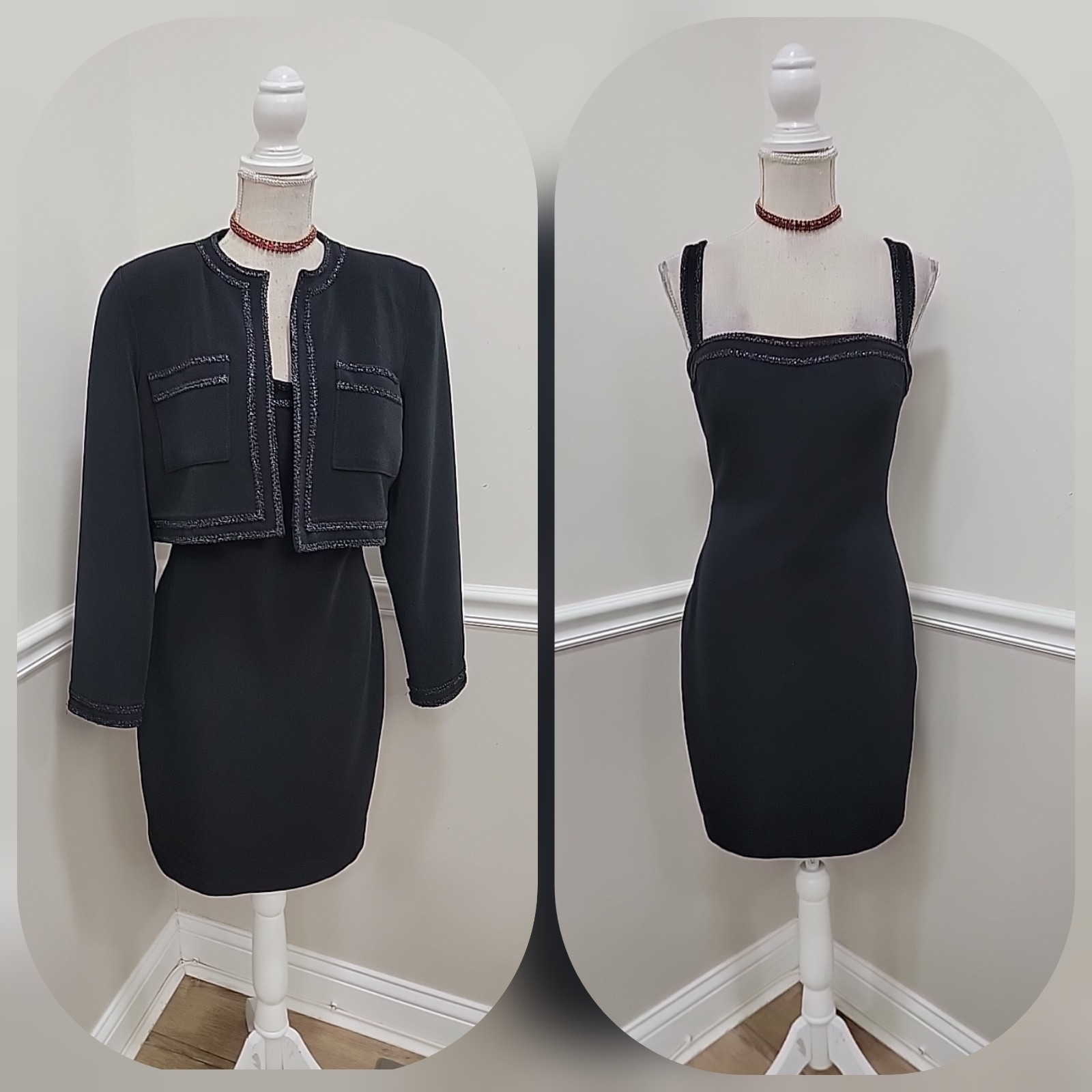 VTG 90s Tadashi Black Sheath Dress & Cropped Jacket 2pcs USA