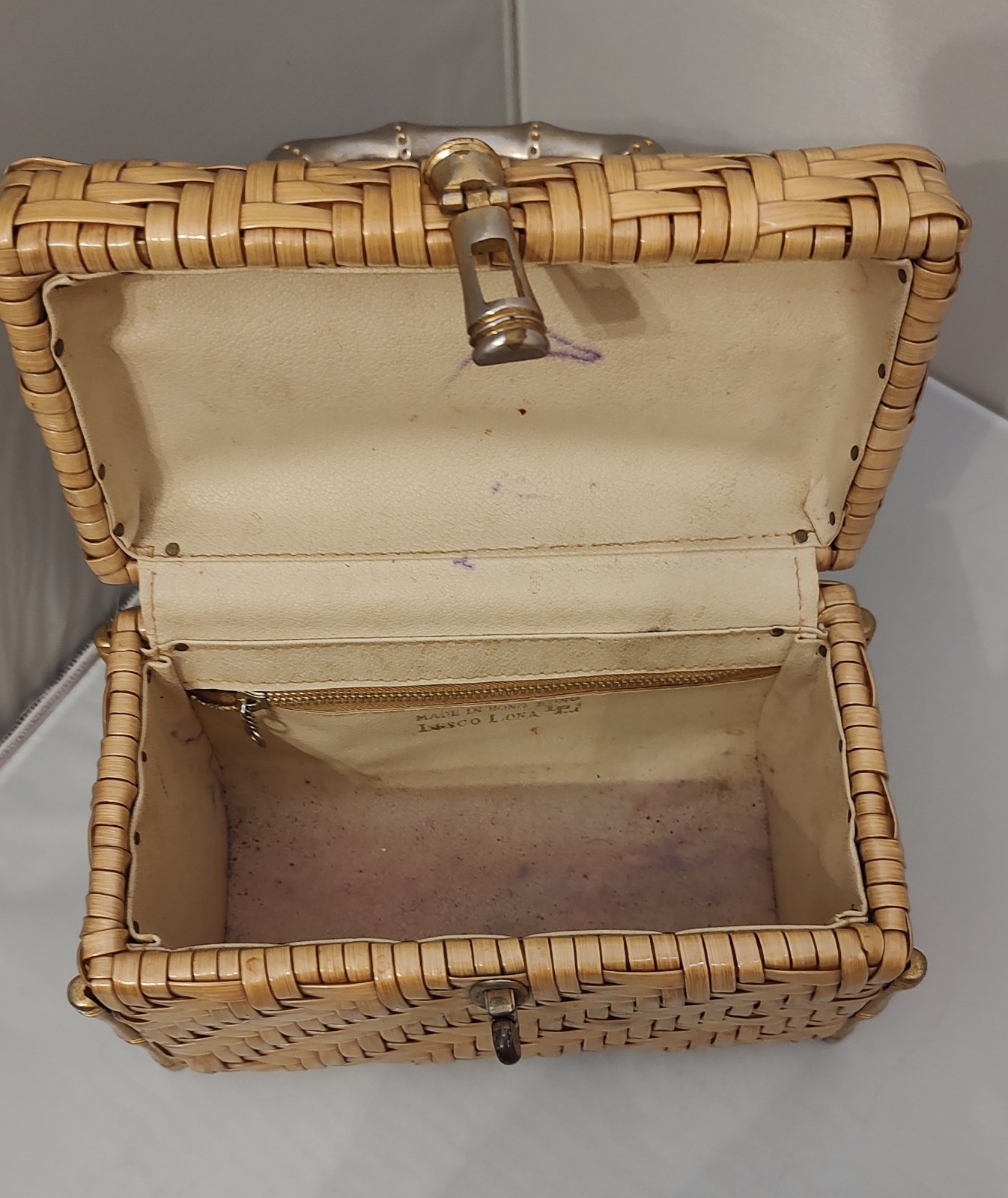 Lesco Lona Mid Century Wicker Rattan Box Purse Metal Hardware Vintage
