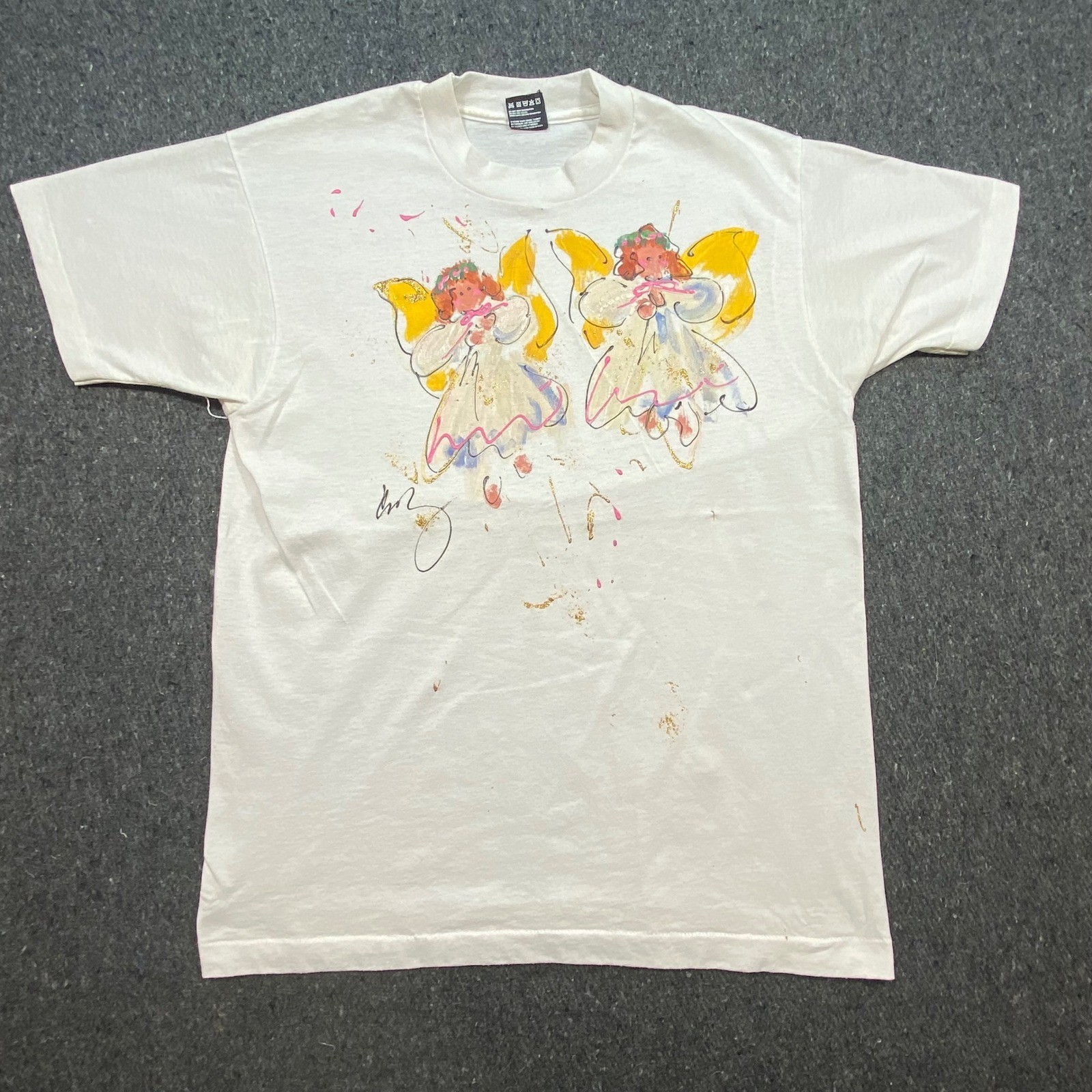 Shirt Large L Mens White Vintage Fruit of the Loom Best Angels Graphic USA Made