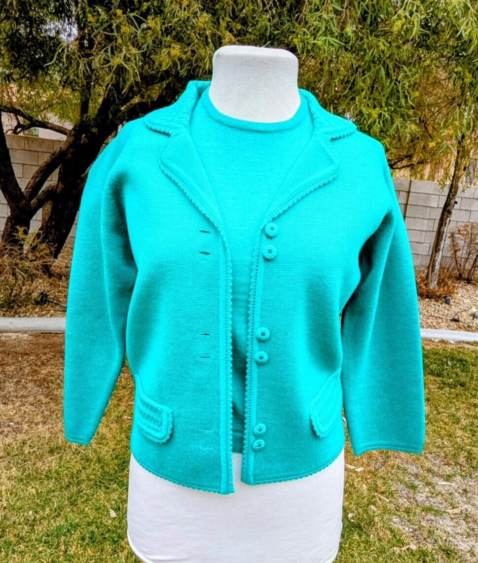 1960s VTG Rising Sun Wool Knit Top+Sweater Cardigan Jacket Set Petite Sz4 XS EUC