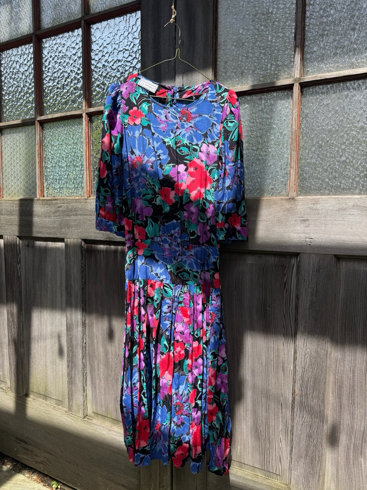 80s E.D. Michaels Black Multi Floral Casual Long Sleeve Dress