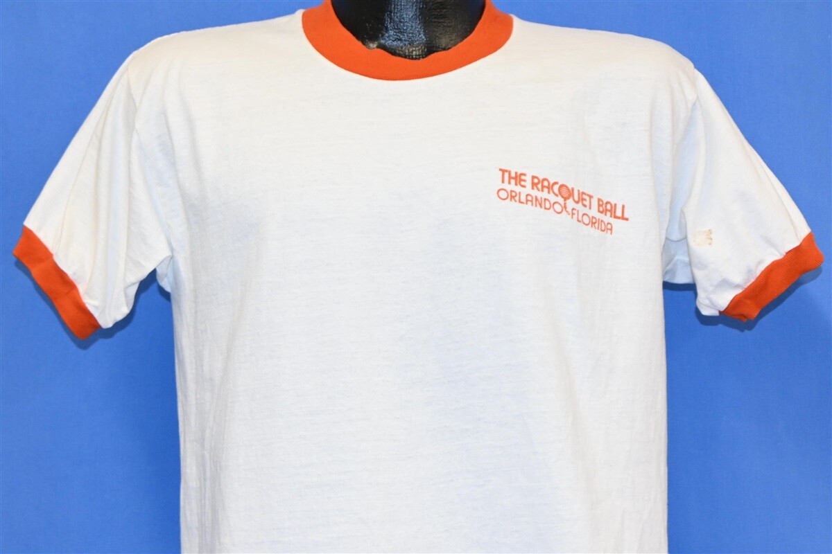 vintage 80s RACQUET BALL ORLANDO FLORIDA WHITE ORANGE RINGER t-shirt MEDIUM M
