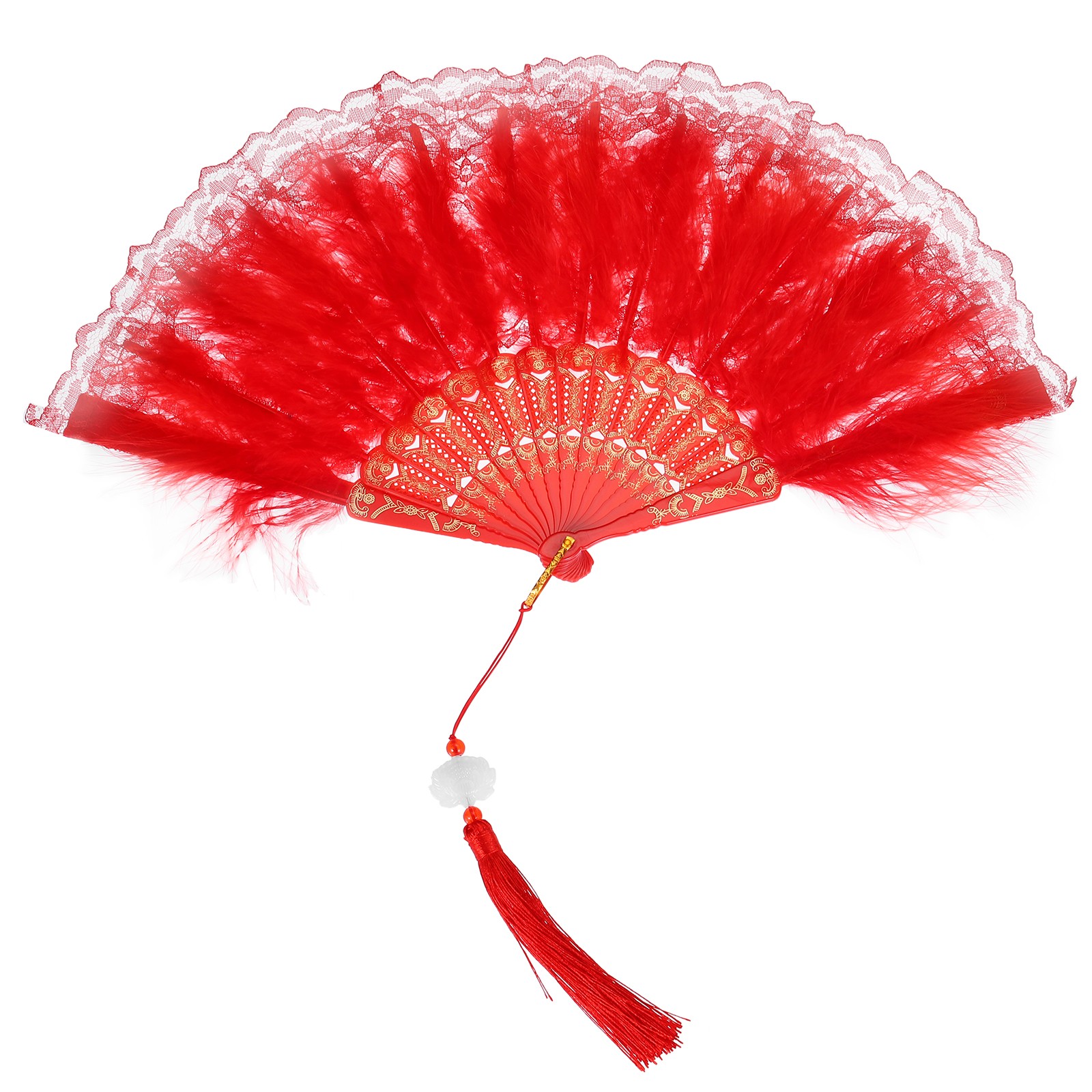 Feather Hand Fan Red Vintage Folding Fan with Tassels 1 Pcs