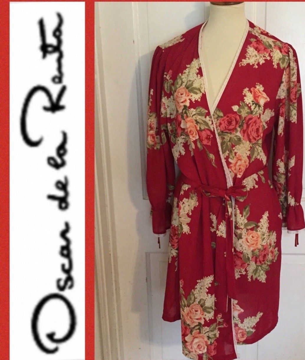Oscar de La Renta Red Floral Vintage Pink Label Sz Med Robe; No Belt, W/Pockets