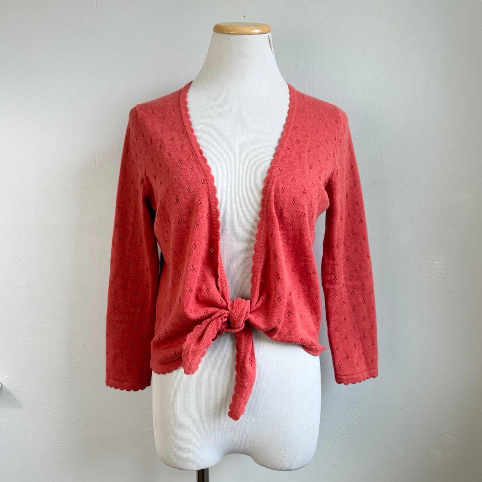 Vintage Orange Linen/Cotton Eyelet Cropped Cardigan Sweater Size Small Open Tie
