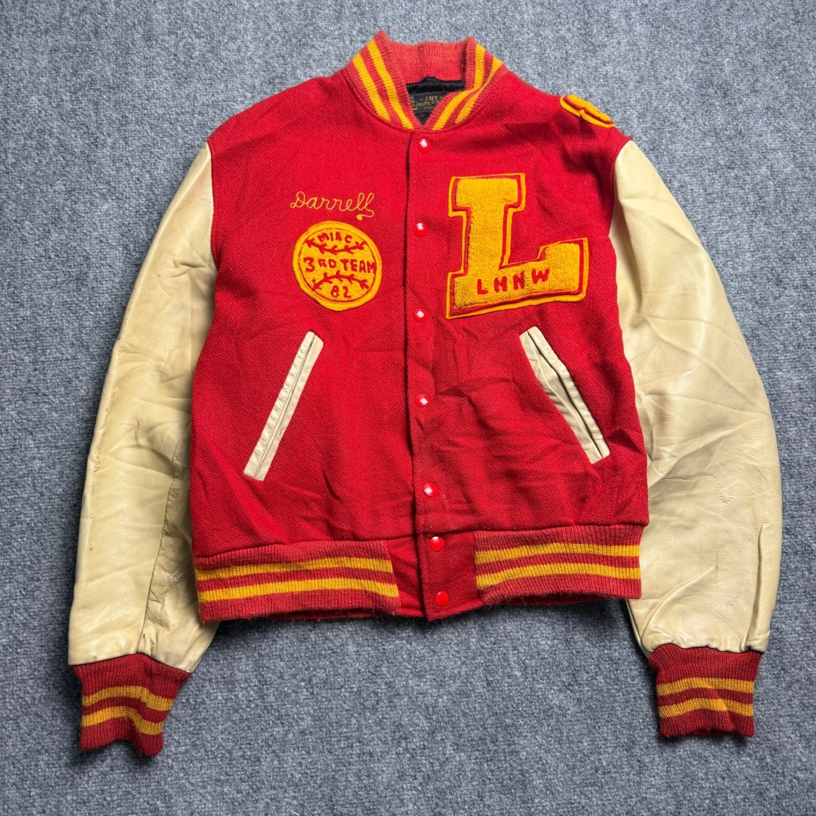 Vintage Art Knitting Mills Varsity Jacket Red Wool Leather 1982 Crusaders Mens L