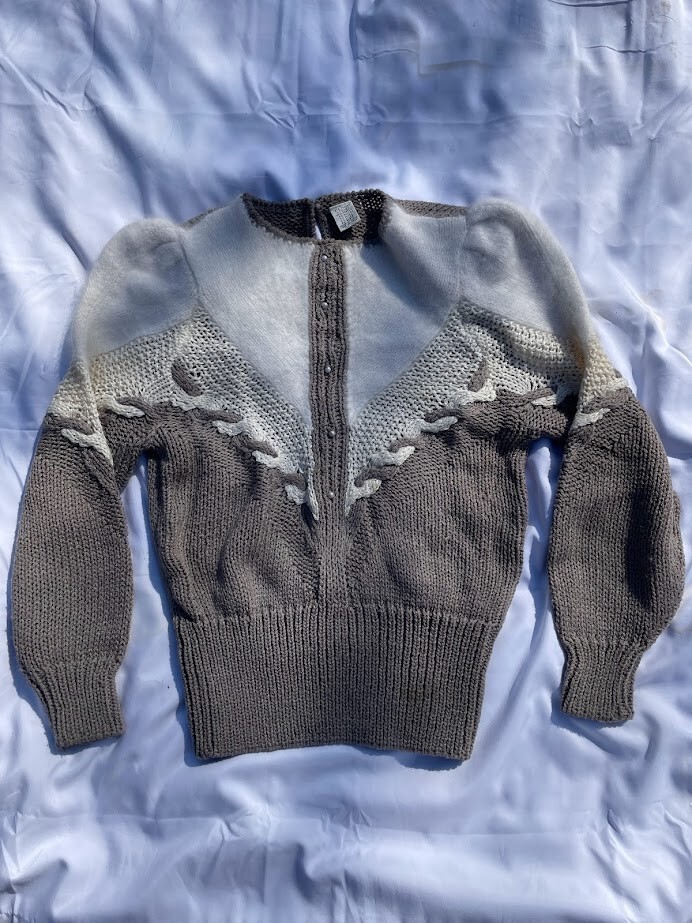 Brown Taupe and Cream Acrylic Angora Sweater 1980’s Shoulder Pads Vintage Medium