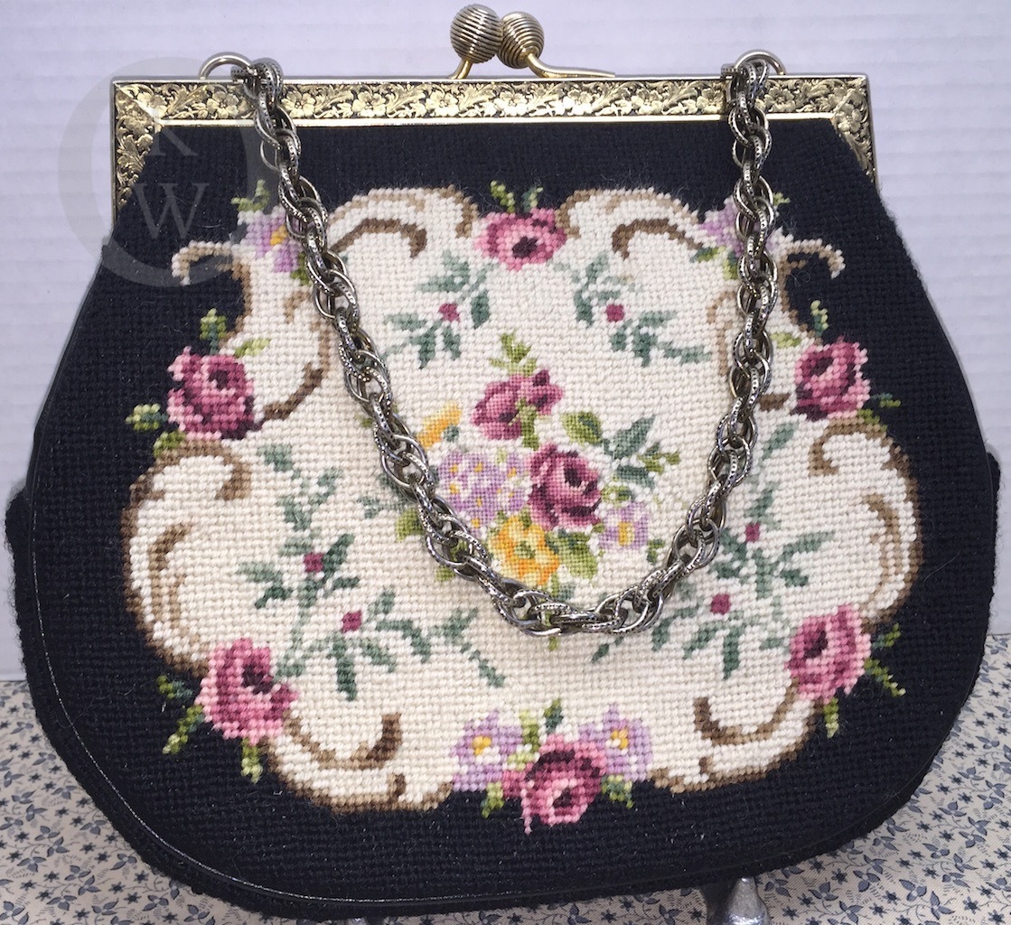 Antique* Clutch Purse*1920’s* Black with Embroidered Flowers* #160330