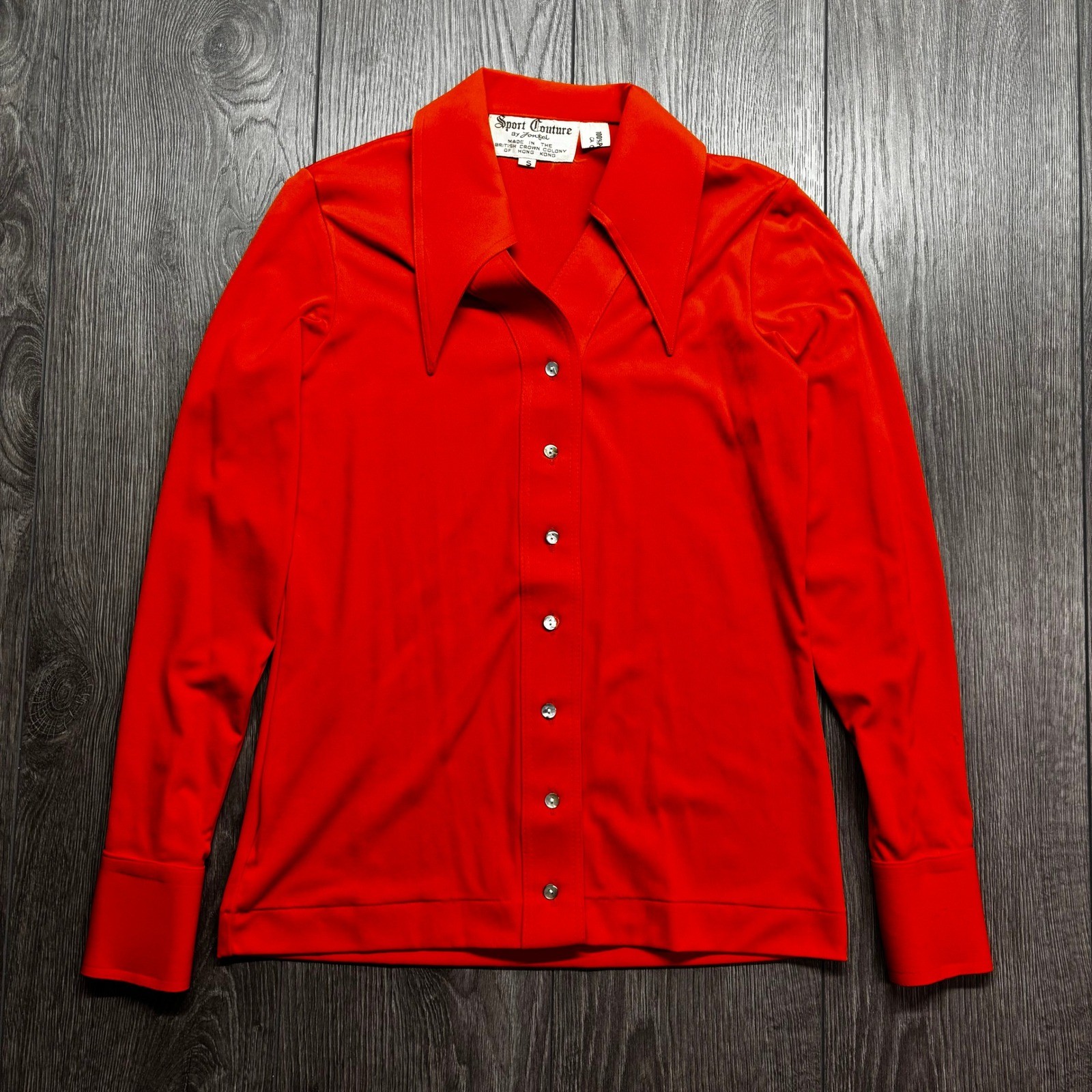 Vintage 1970s Sport Couture by Jonfel Red Disco Blouse Large Pointed Collar S