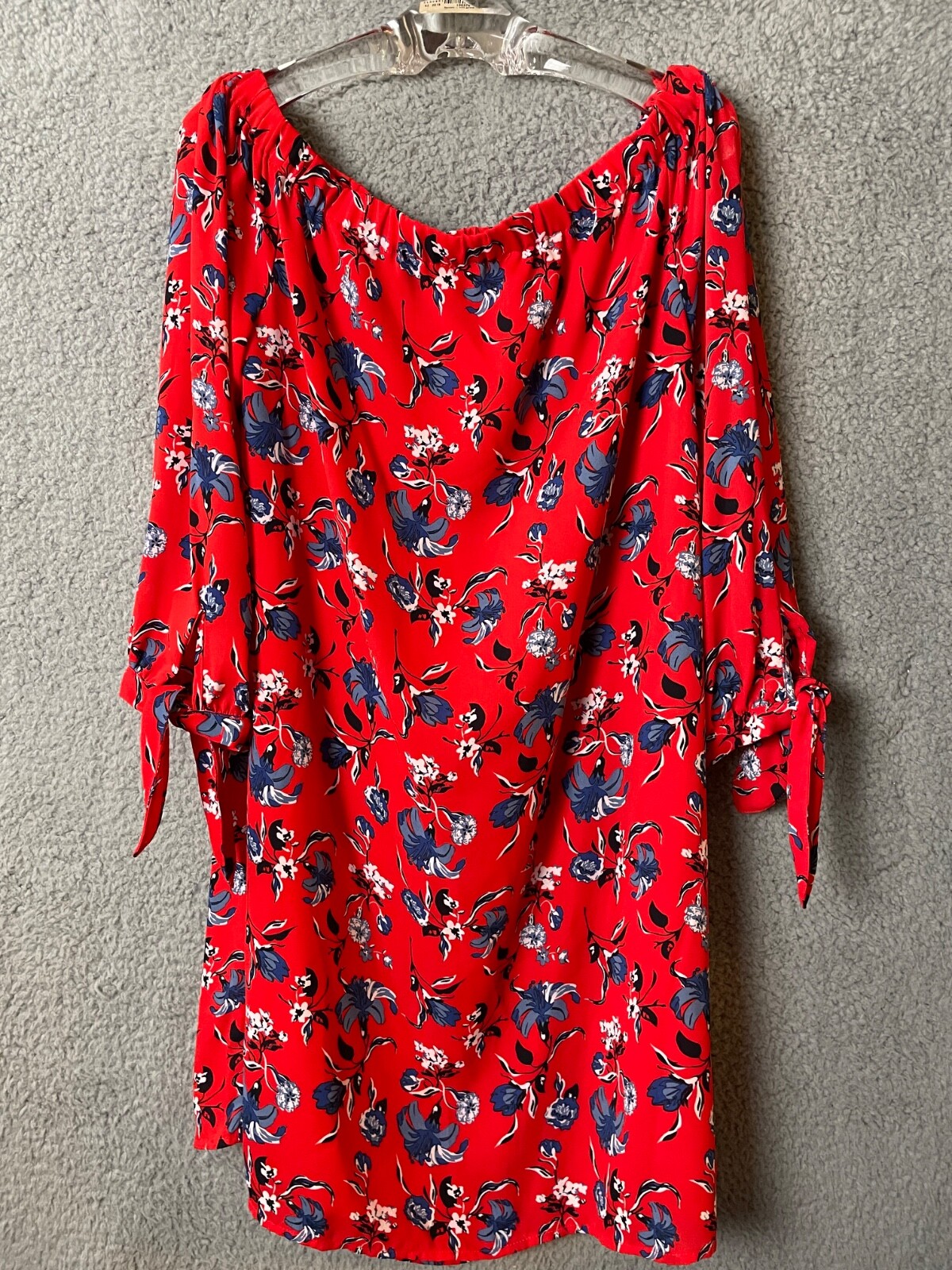 VTG Off Shoulder Blouse Top Womens L Red Blue Flowers 3/4 Sleeves Tie Flowy