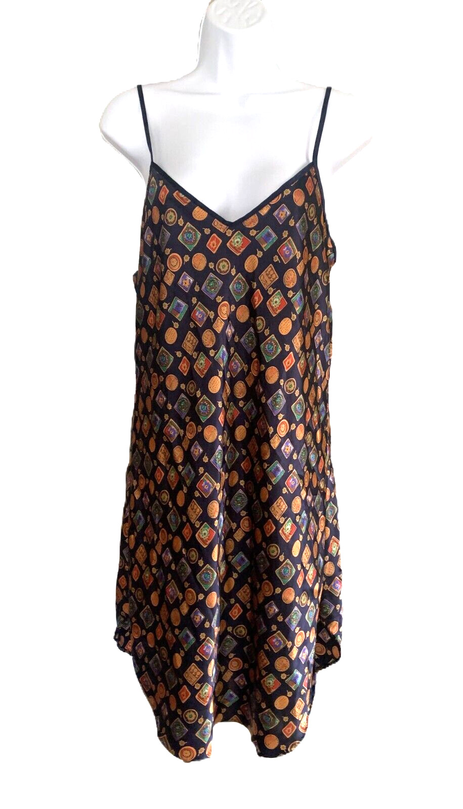 Vtg Silky Satin Nightgown Navy Blue Print Polyester Slip Dress Petra Sz L