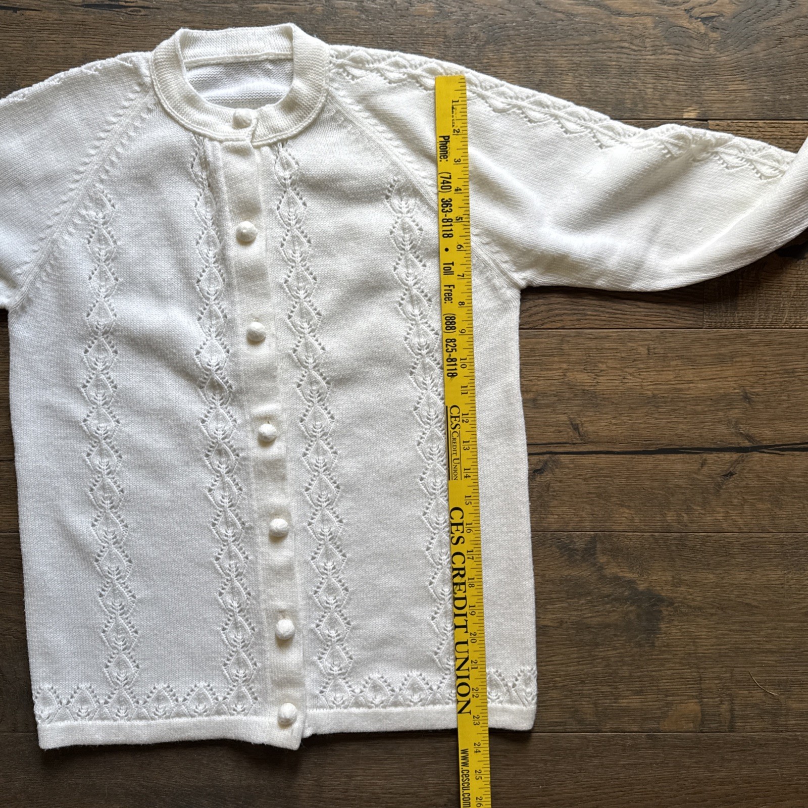 Vintage Open Knit WOOL Granny Sweater Crochet Cardigan Size S-M Off-White Cream