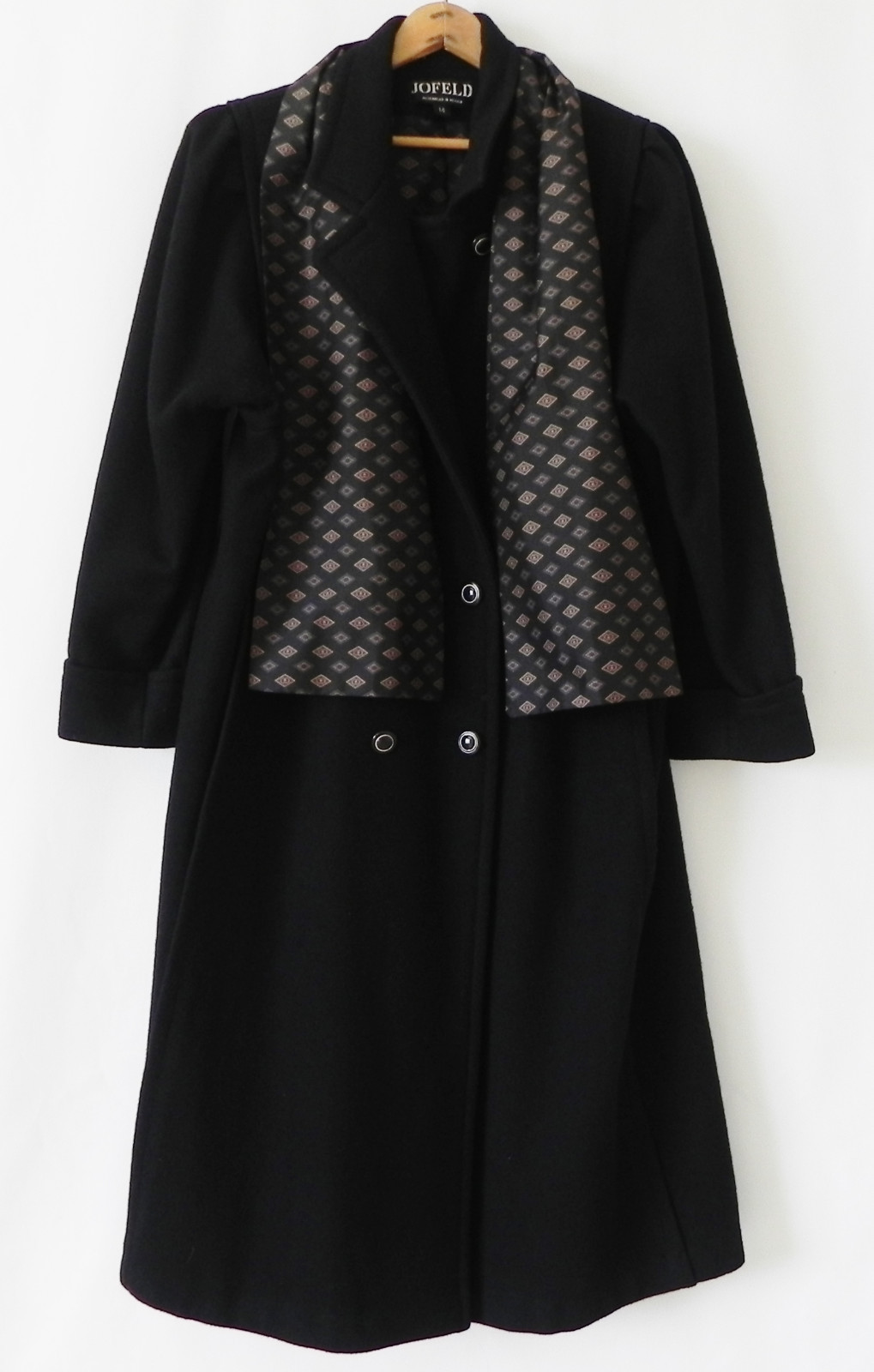 Jofeld by Forstmann Coat Wool Black Double Breasted Scarf Pockets Size 14