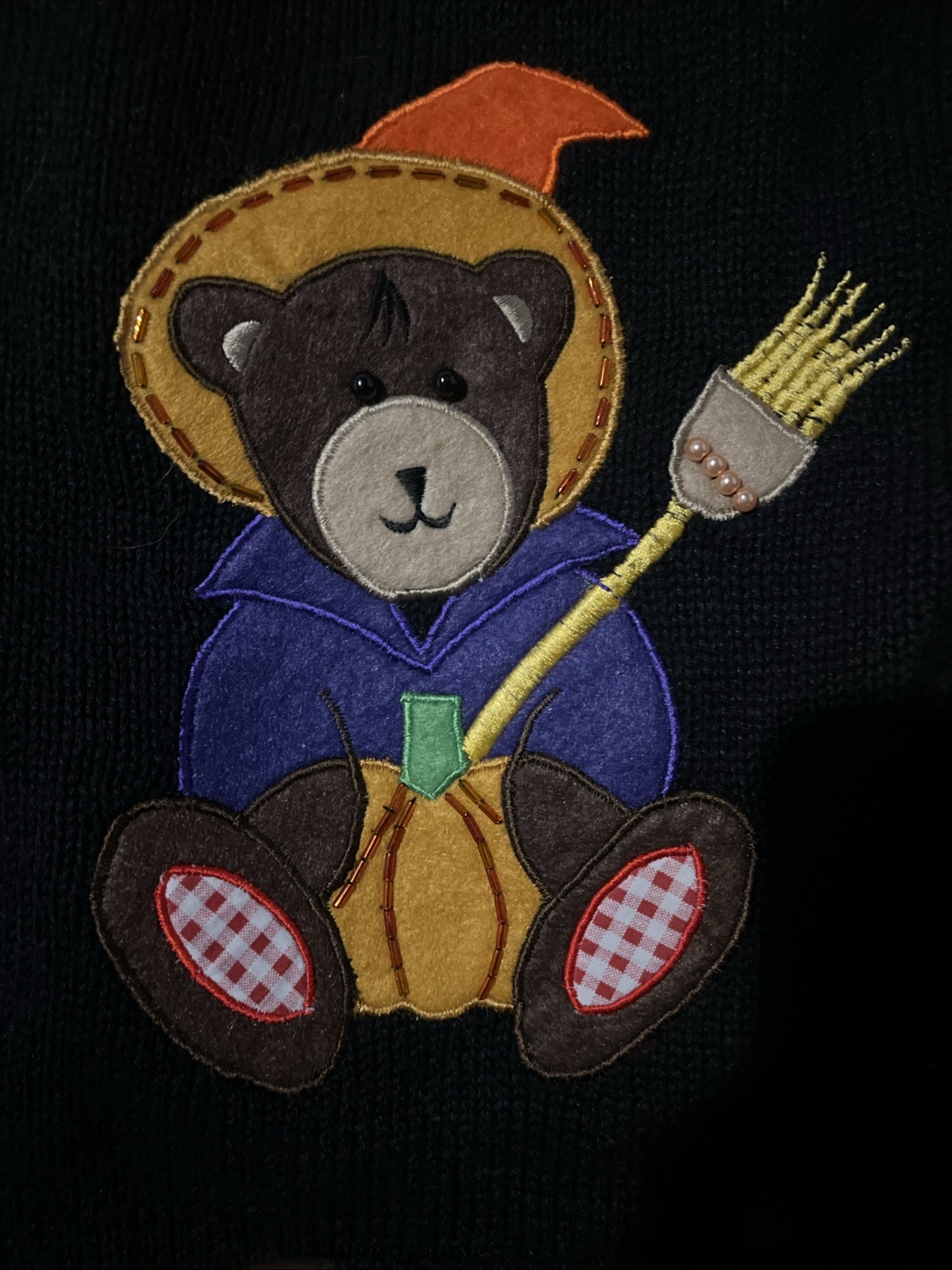 Vintage Yarn Works Happy Haunting Halloween knit vest Pumpkin Teddy Bear M
