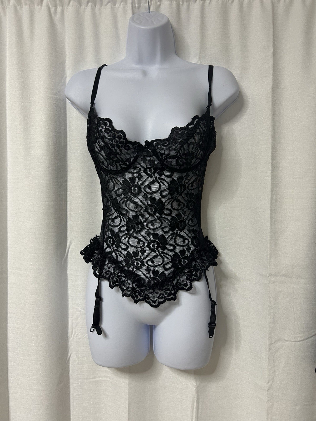Vtg USA Made Faris Teddy Sheer Lace Ruffles Garters Lingerie Black **FLAW