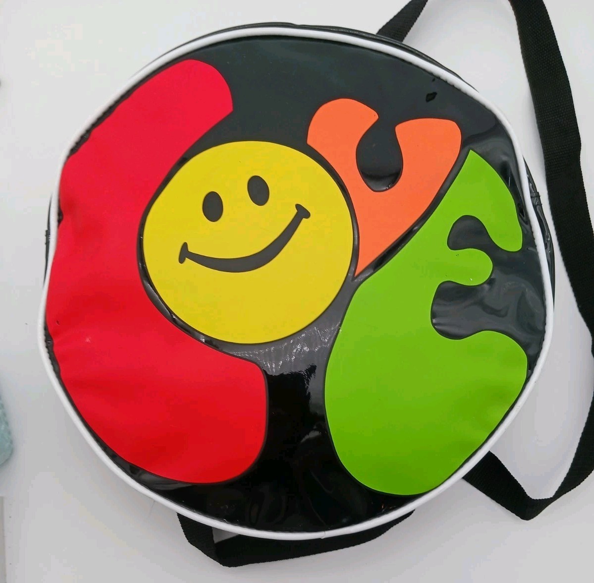 1990’s Vintage Black Vinyl Round Mini Backpack Colorful Love Graphic Smiley Face
