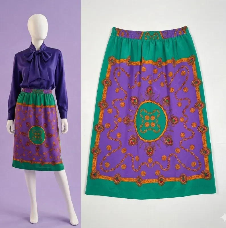 intage 80s/90s Baroque Scarf Motif Print Jewel Tone Midi Skirt Size S/M