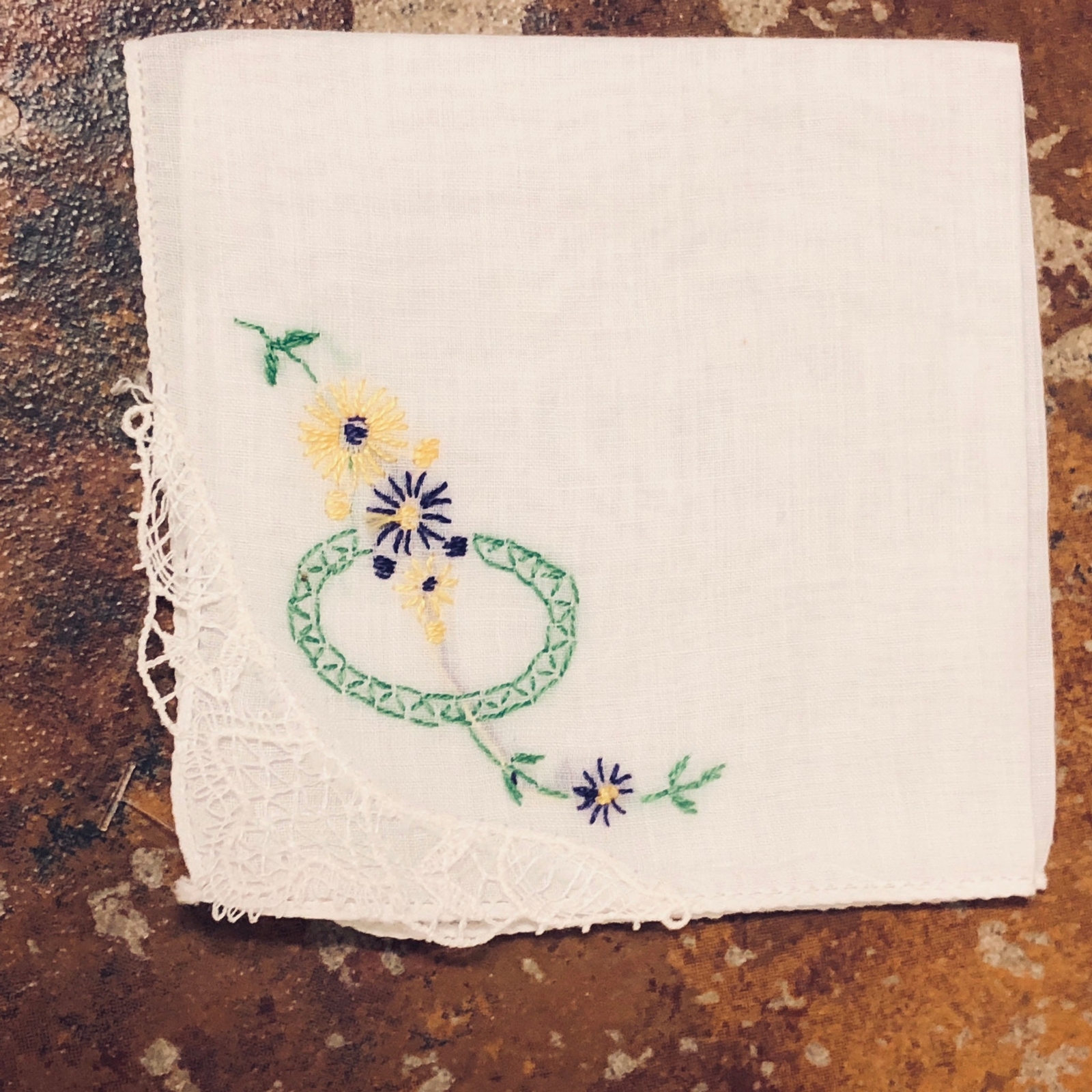Antique Tatted Purple Yellow Embroidered Daisy Flower Romantic Handkerchief Vtg