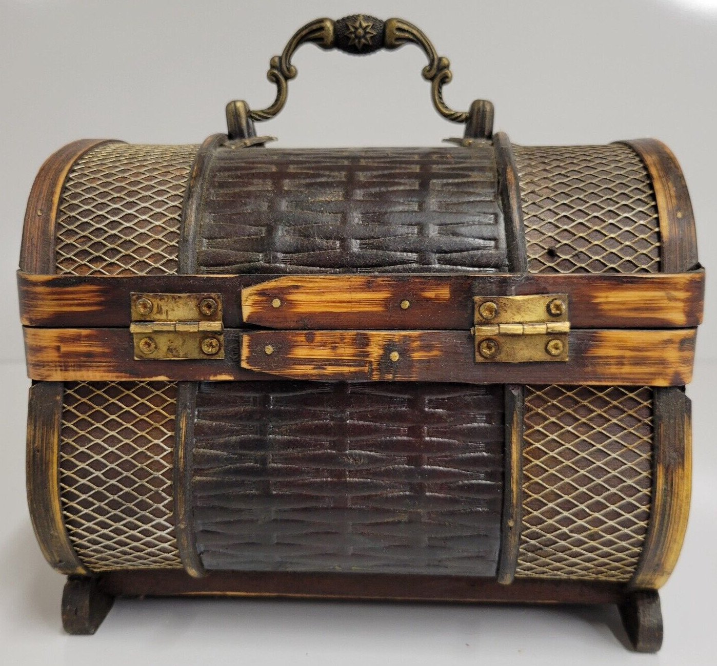 Wood, Metal, & Leather-like Trinket Box Purse Handbag W/ Metal Latch & Hardware