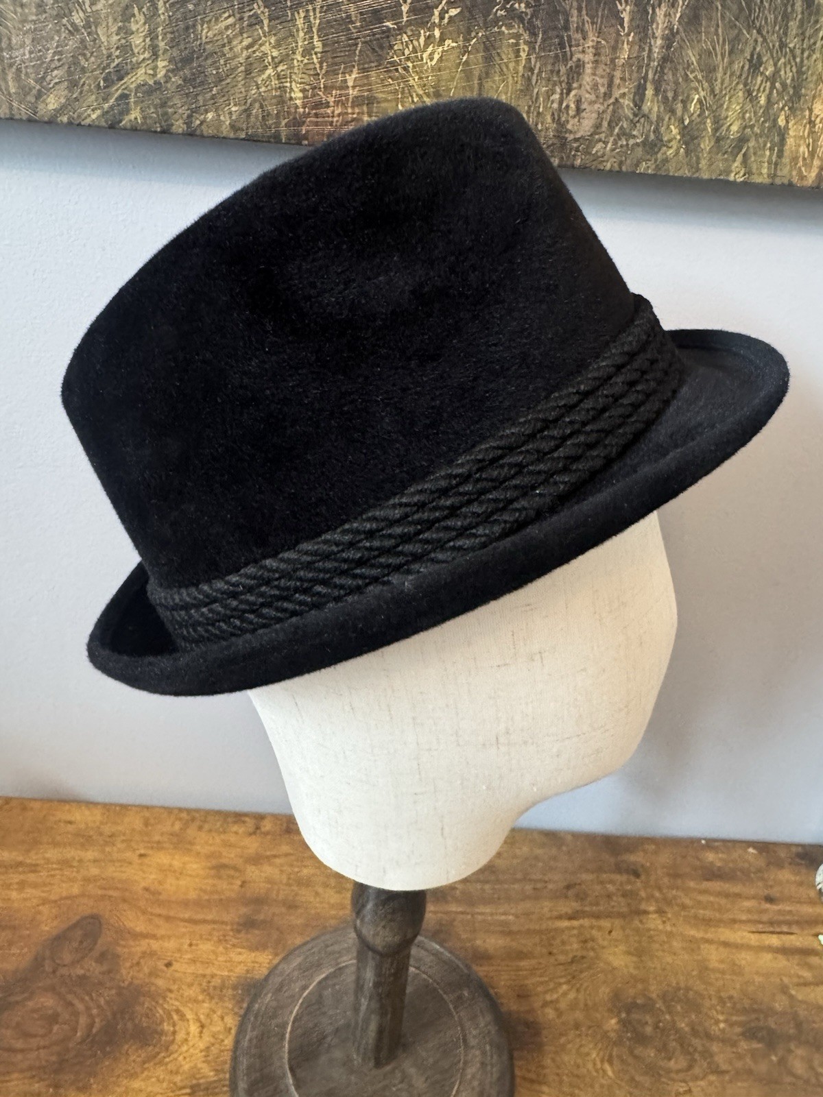 Vintage Black Velour Fur Felt Fedora Trilby Hat Size 7 Rope Band Short Brim