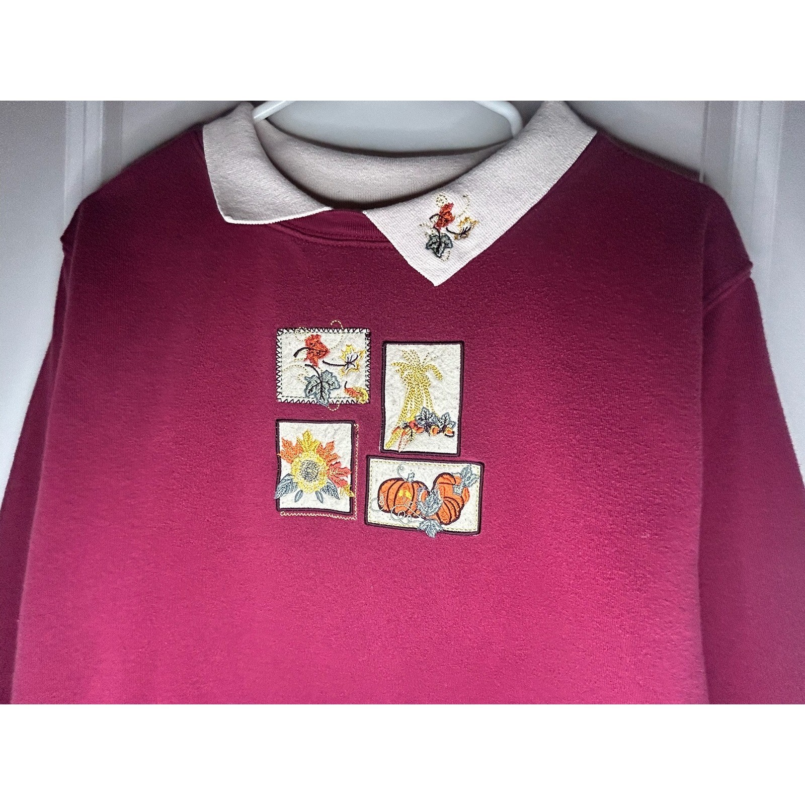 Vintage 90’s Fall Pumpkins Embroidery Red Granny Sweatshirt Sz Womens Medium
