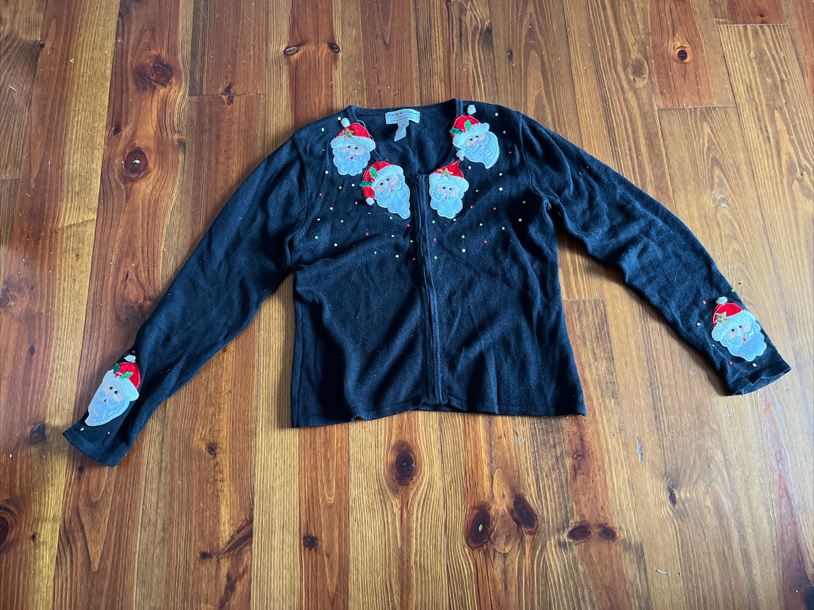 Vintage CARLY ST CLAIRE Santa Christmas Zip Up Cardigan Sweater Women XL Black