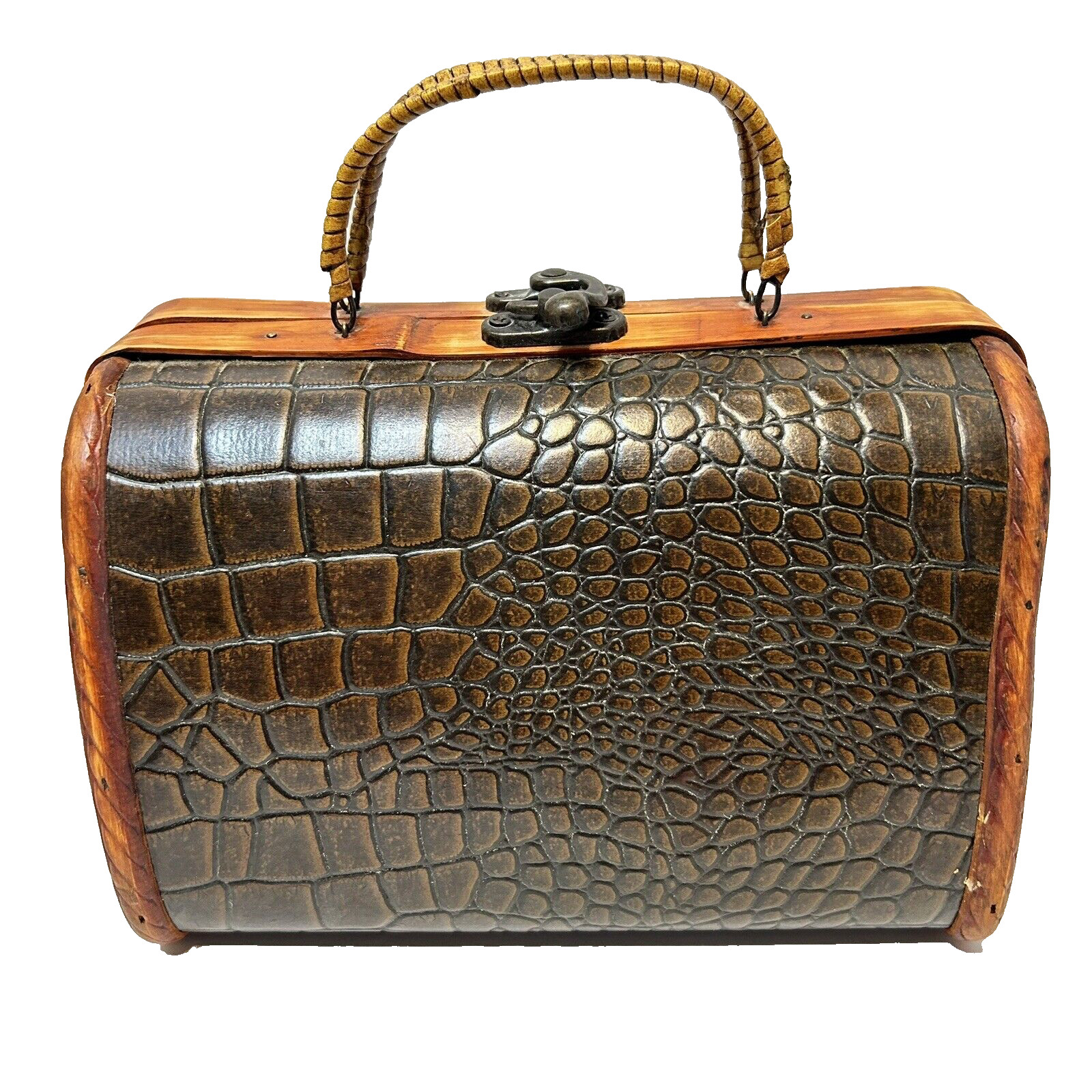 Vintage Handmade Brown Wood and Croc Embossed Leather Purse 7 x 5 x 4.5″