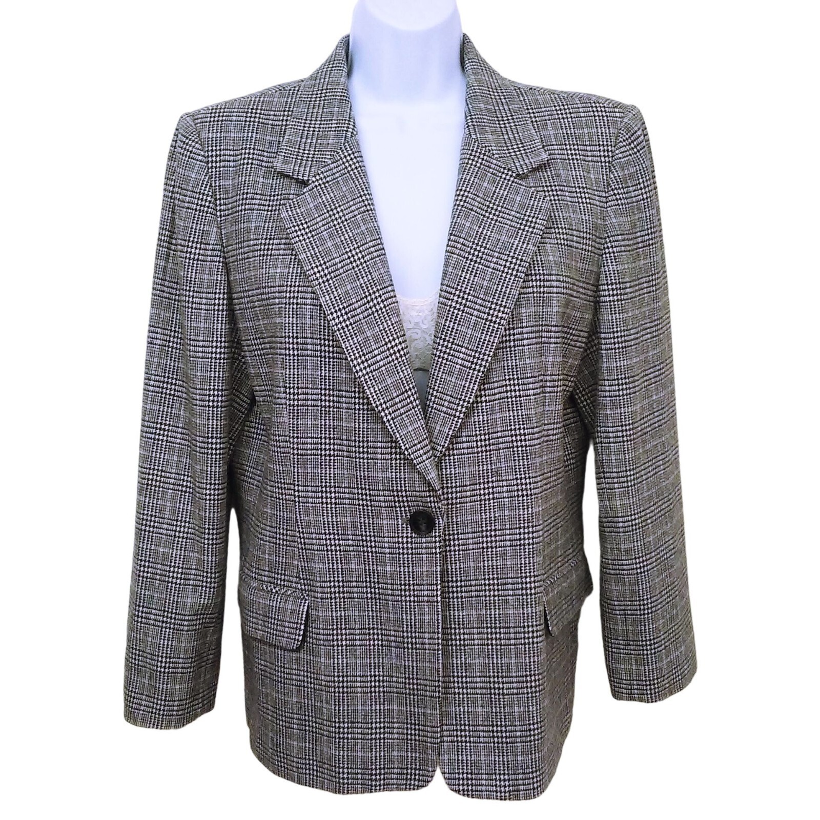 Vintage 90s Pendleton Blazer Wool Plaid Houndstooth -14P Single-Button BlackGrey