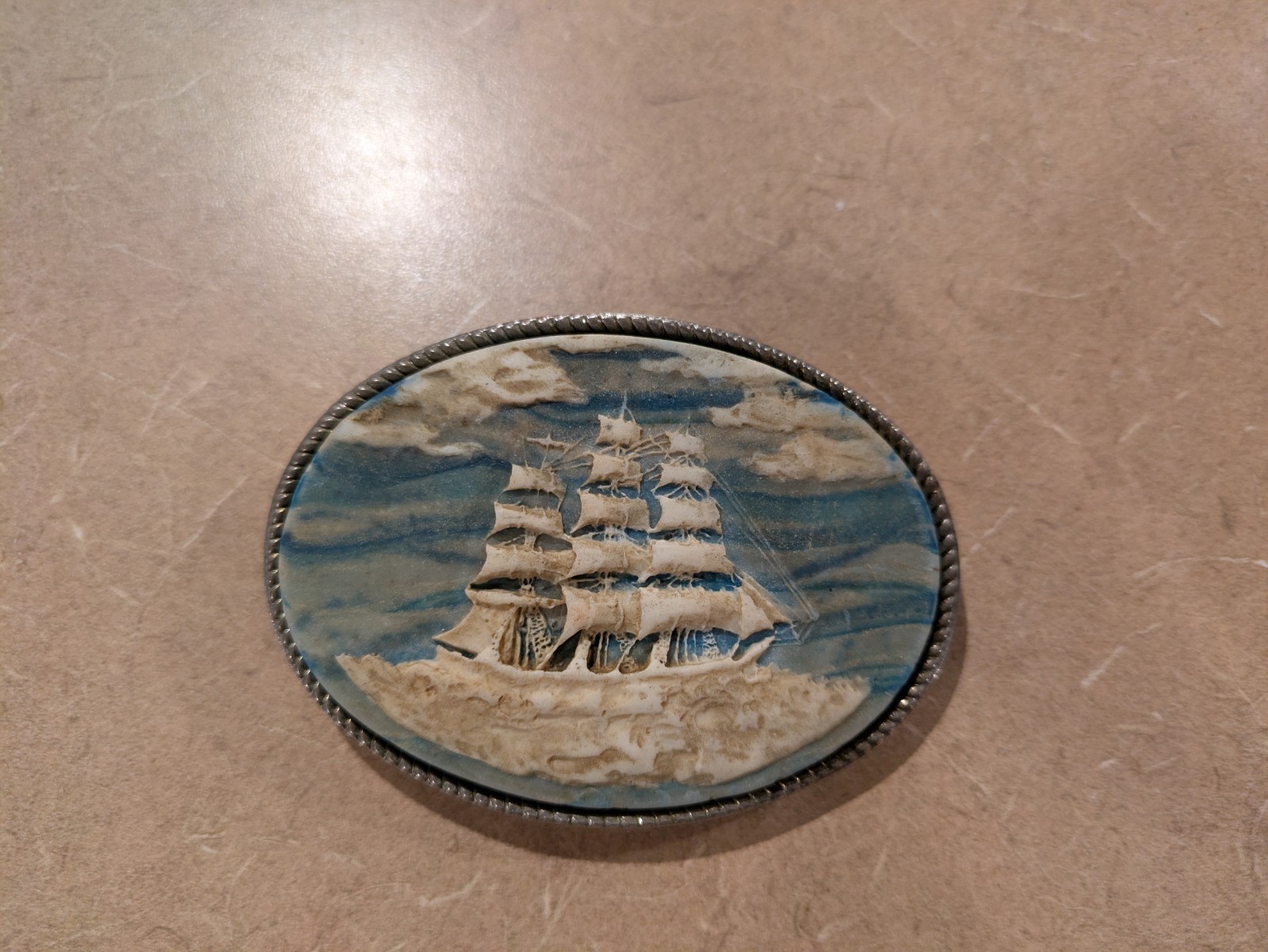 Vintage Incolay Stone Sail Boat Belt Buckle
