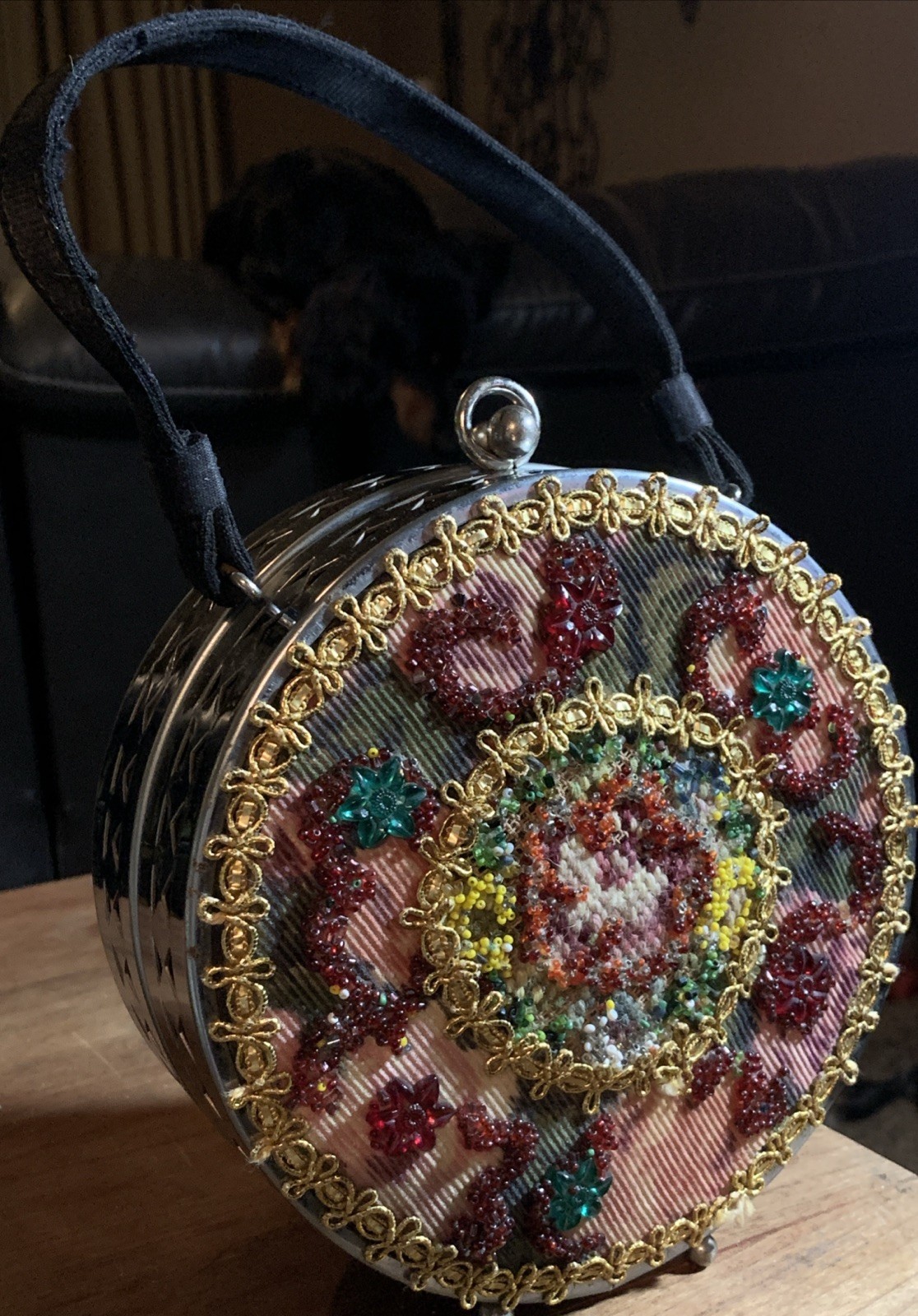 Vintage Caron of Houston TX Round Metal Beaded Box Purse Floral Rhinestone Rare