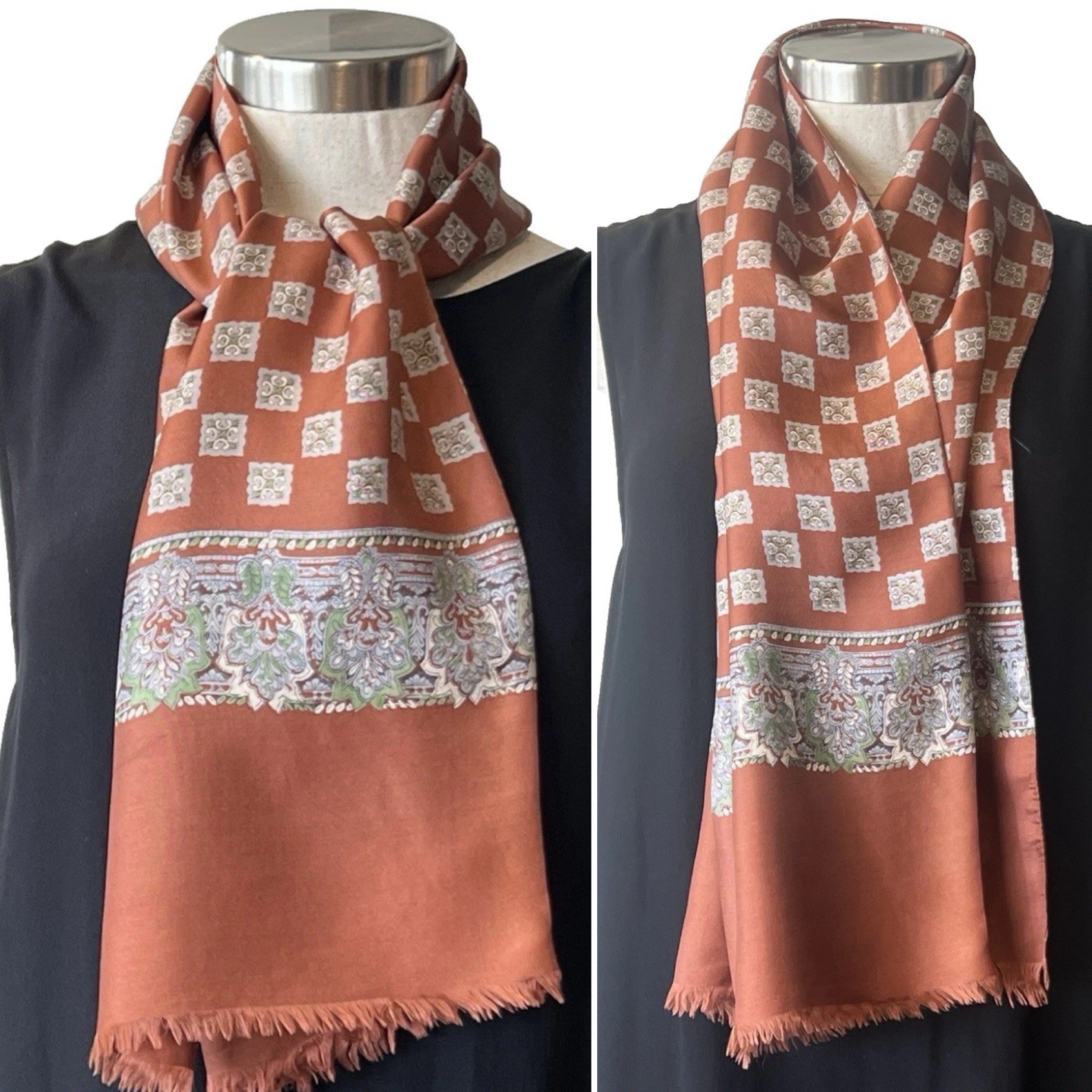 Tan/Grey/Green 100% Silk Twill Paisley + Crests Ascot Scarf 57cm x 126cm