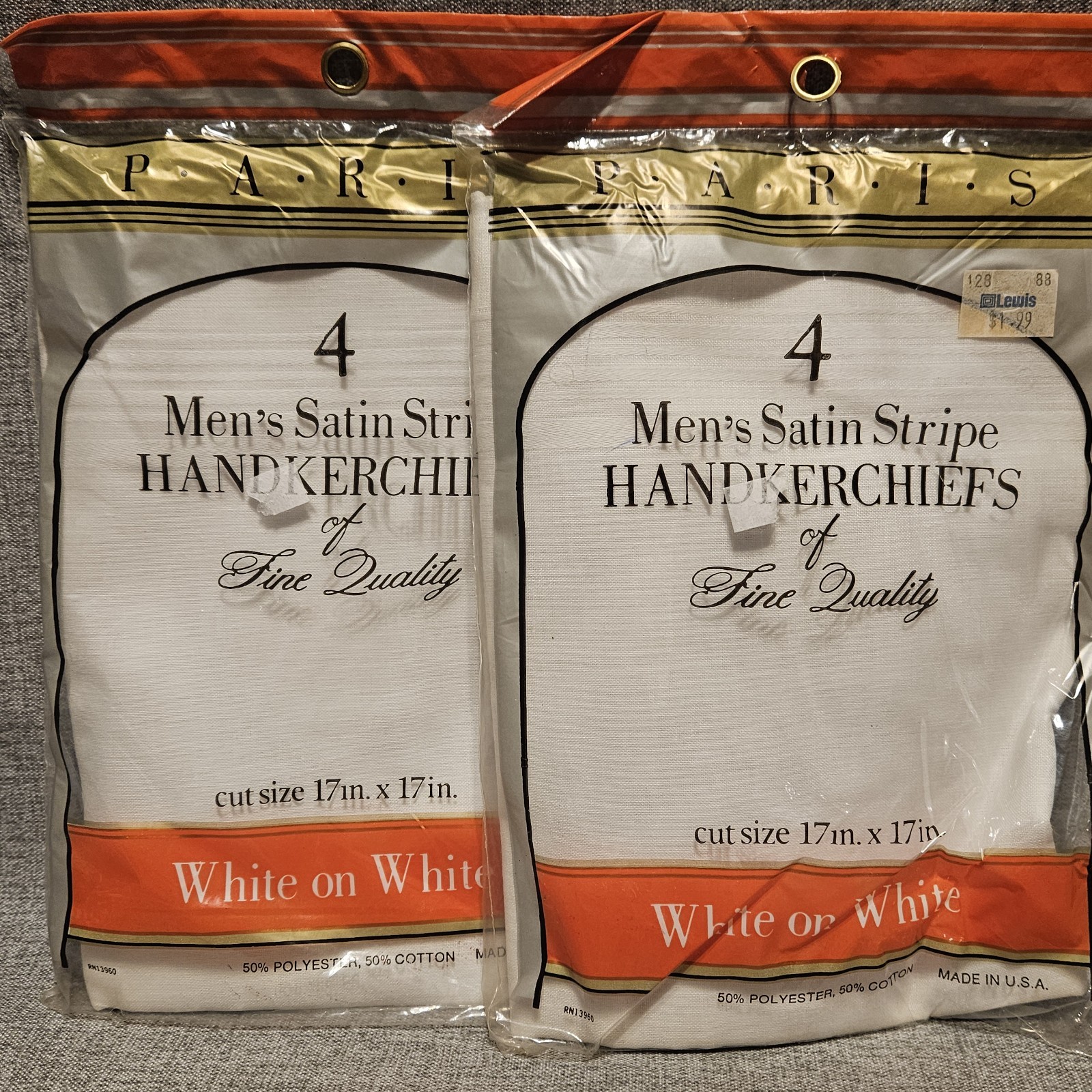 Vintage 2 Packages Of 4 Mens Handkerchiefs White On White Satin Stripe NOS 17″