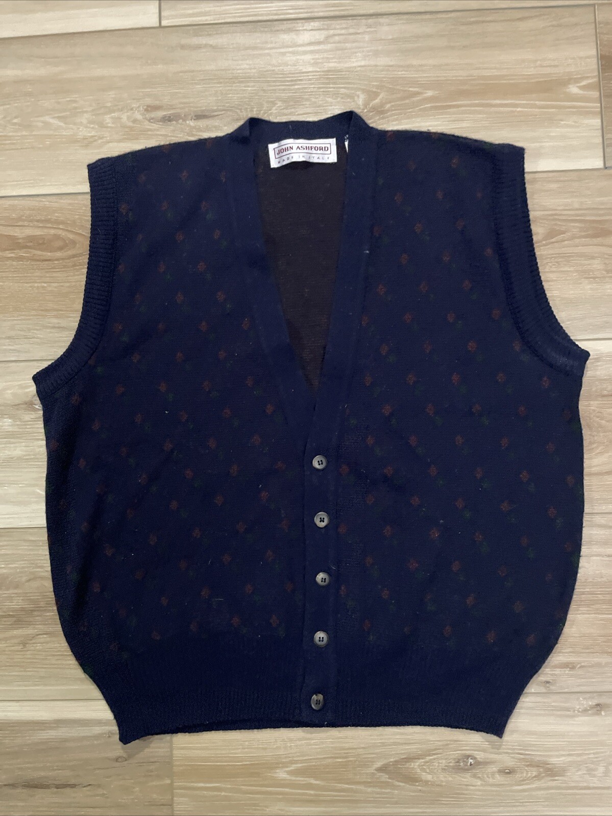 Sweater Vest John Ashford Made in Italy Wool Blend Blue Green Plaid Button Sz L