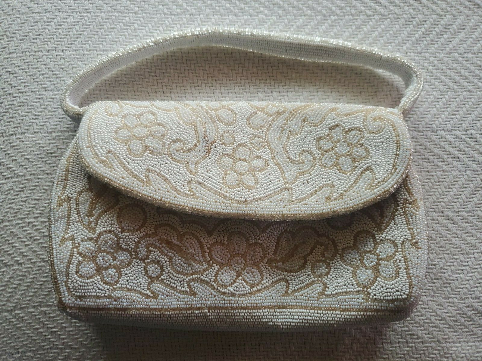 Vintage Handmade France Silver White Beaded Purse Wedding Clutch 8.75 x 5.75″
