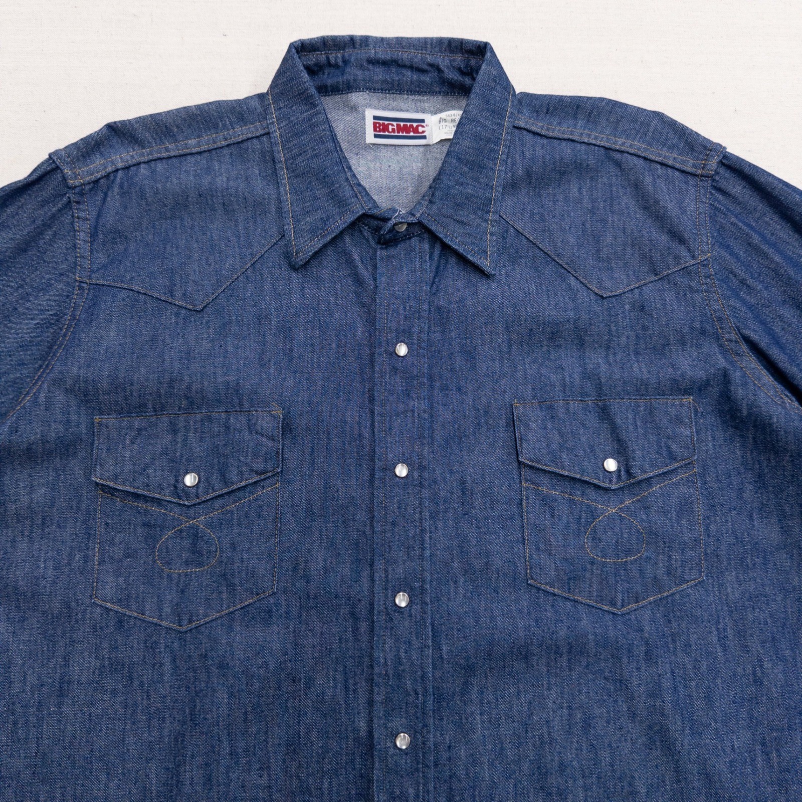 Vintage Big Mac Denim Western Pearl Snap Shirt Size 1XL Blue Cotton Made in USA