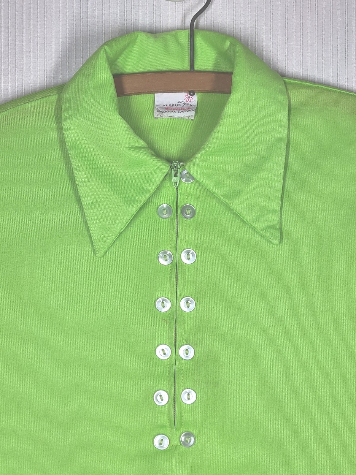 Vtg 70s Lime Green Zipper Top Knit Polyester Bright Color Retro S M Aldens