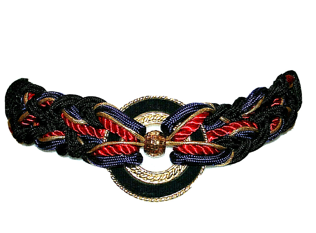 Vintage 1980s Fabric Braided Belt Black, Red, Purple Adjustable
