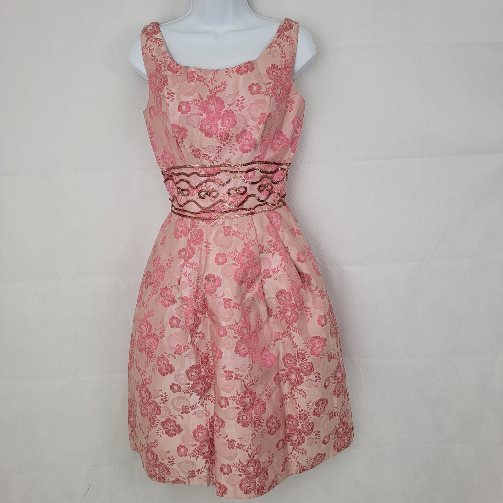 Vintage Handmade Dress MEDIUM? PINK Rose Brocade Fit Flare Party Sequins 50s 60s