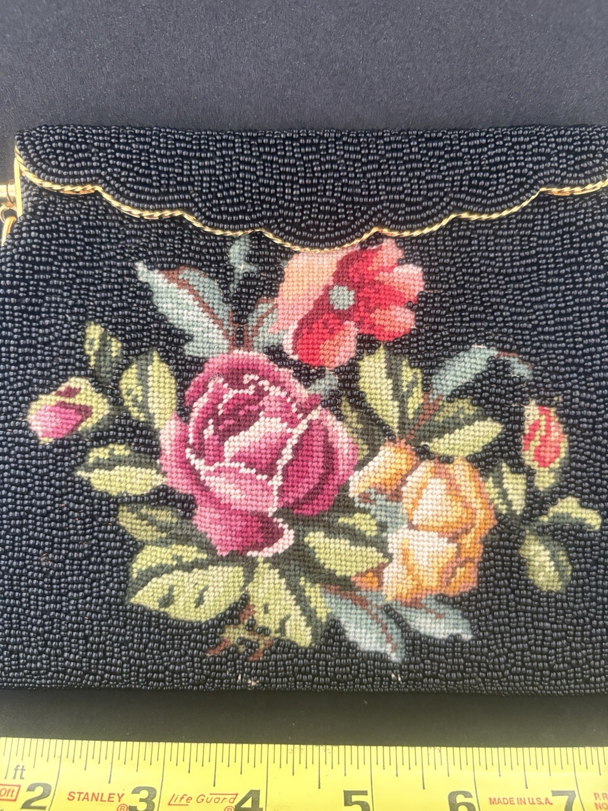 Vintage Black Beaded Handbag With Floral Needlepoint Design