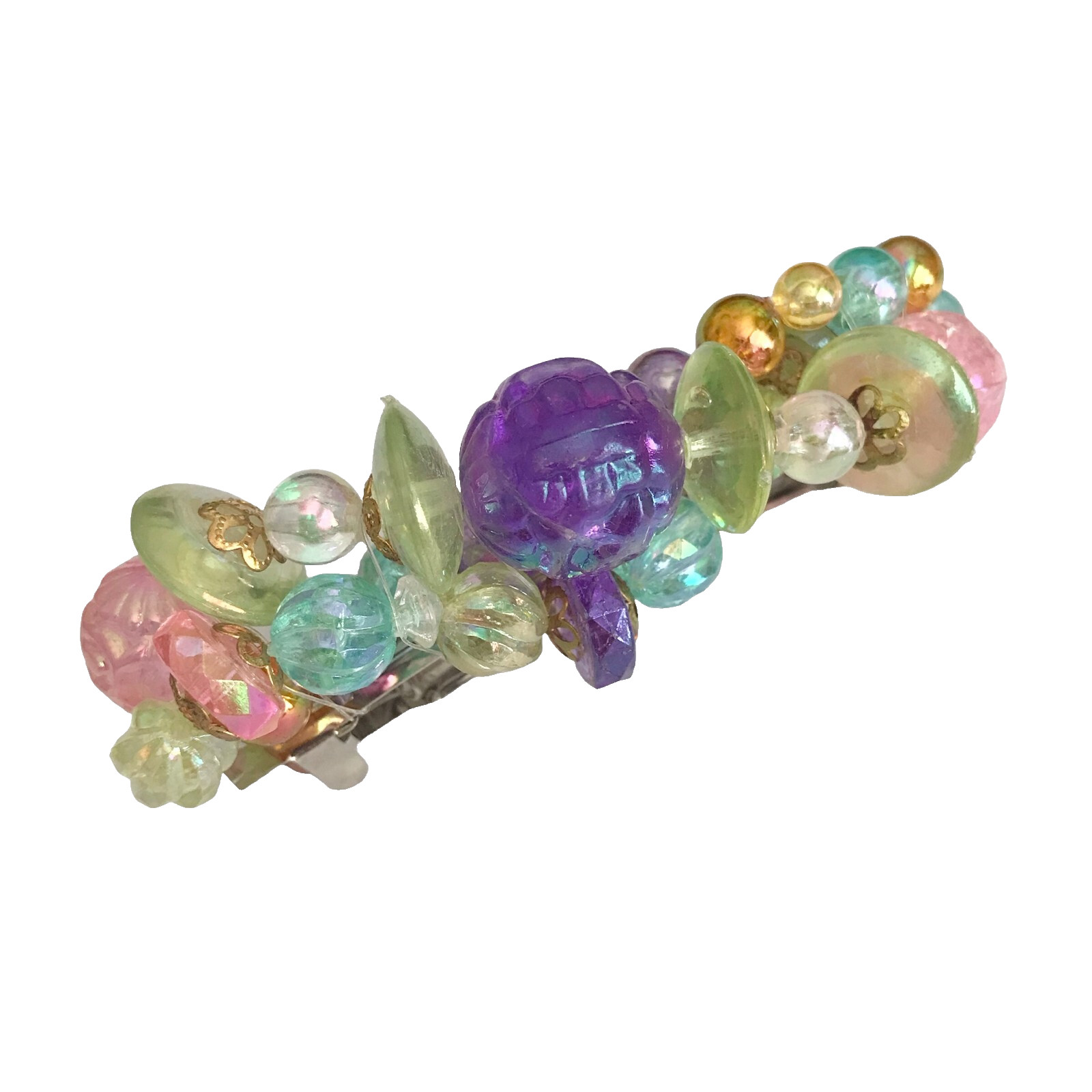 Vintage Hair French Clip Barrette Pastel Colors Beaded Pink Purple Green Yellow
