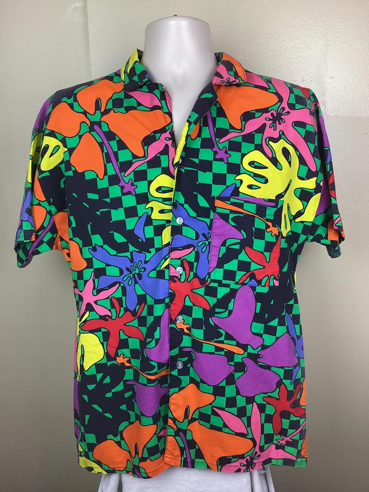Vtg 80s Andre De Leure Abstract Print Aloha Shirt M Black Green Checkerboard