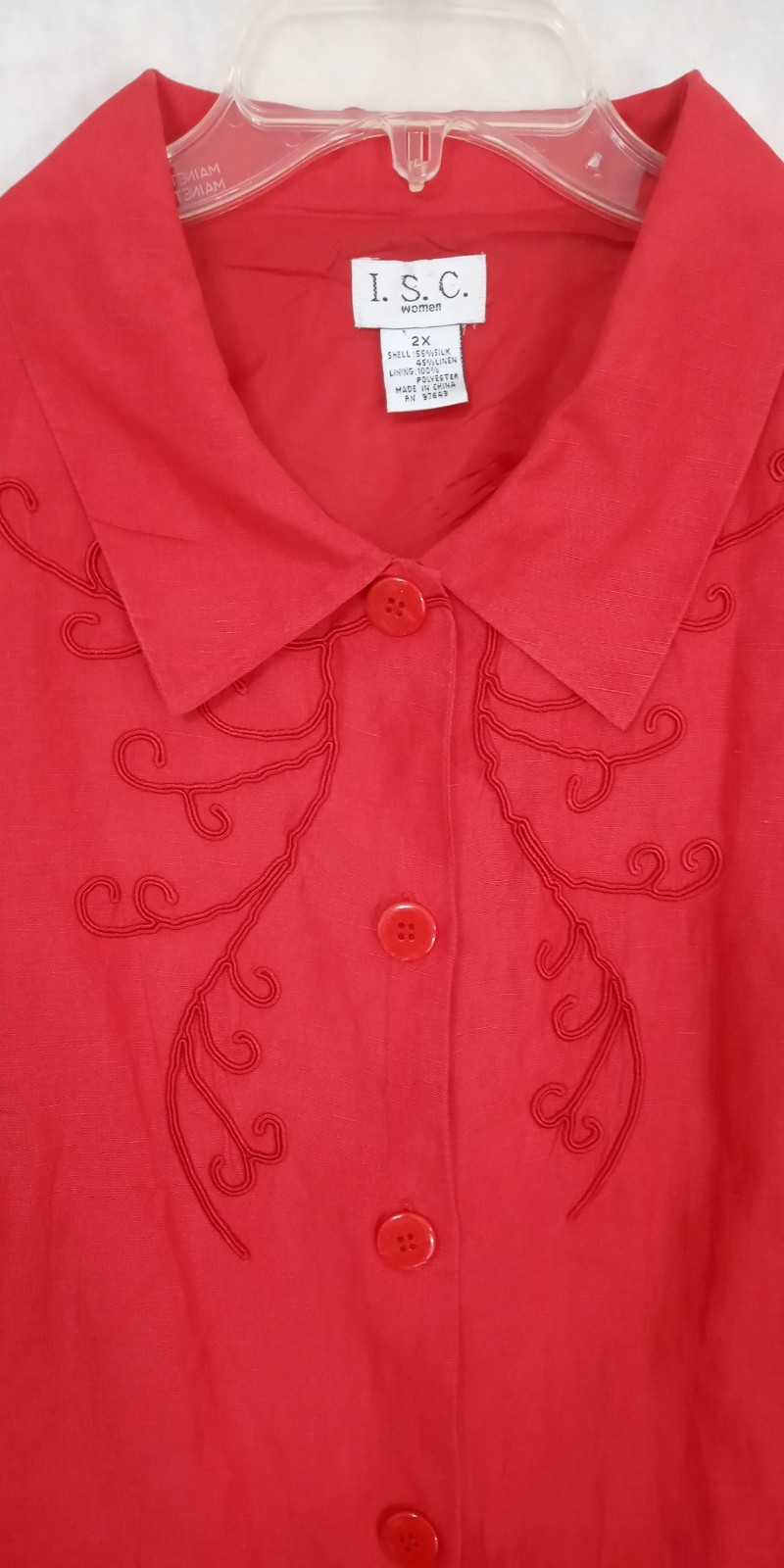 Y2K Grandmacore Bold Chic Vintage I.S.C. Top Blouse Plus 2X Red Silk Linen Blend