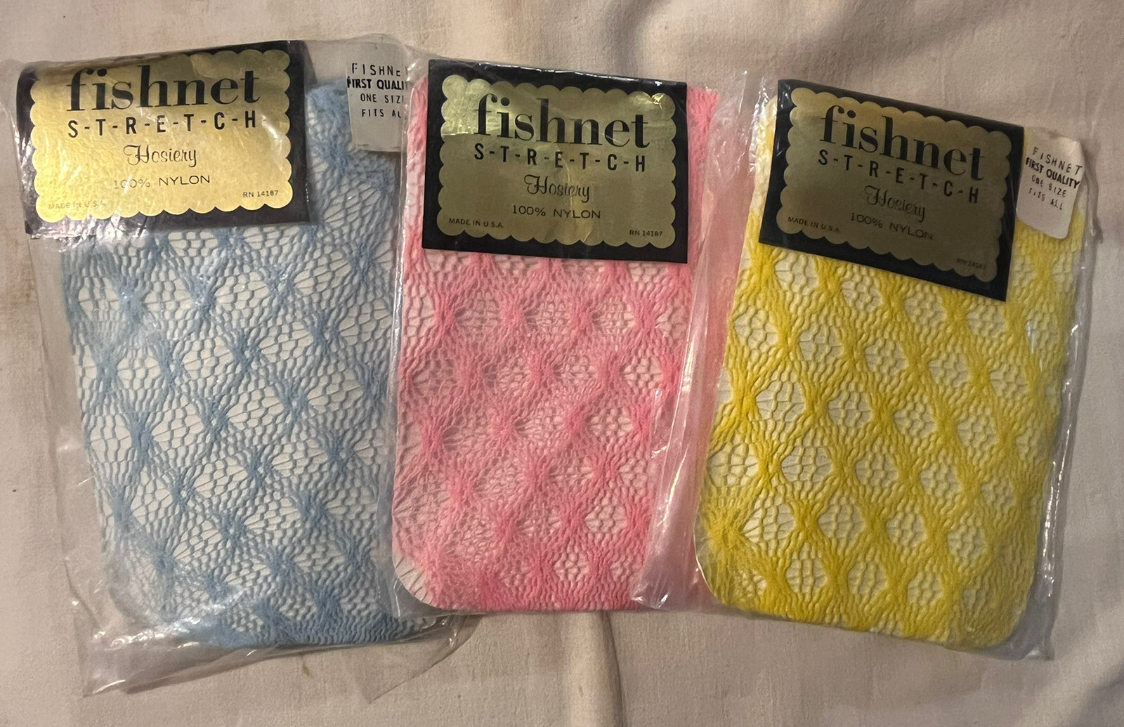 NEW NOS Vtg 70’s Fishnet Nylon Hosiery Garter Belt Stockings (Pink Blue Yellow)