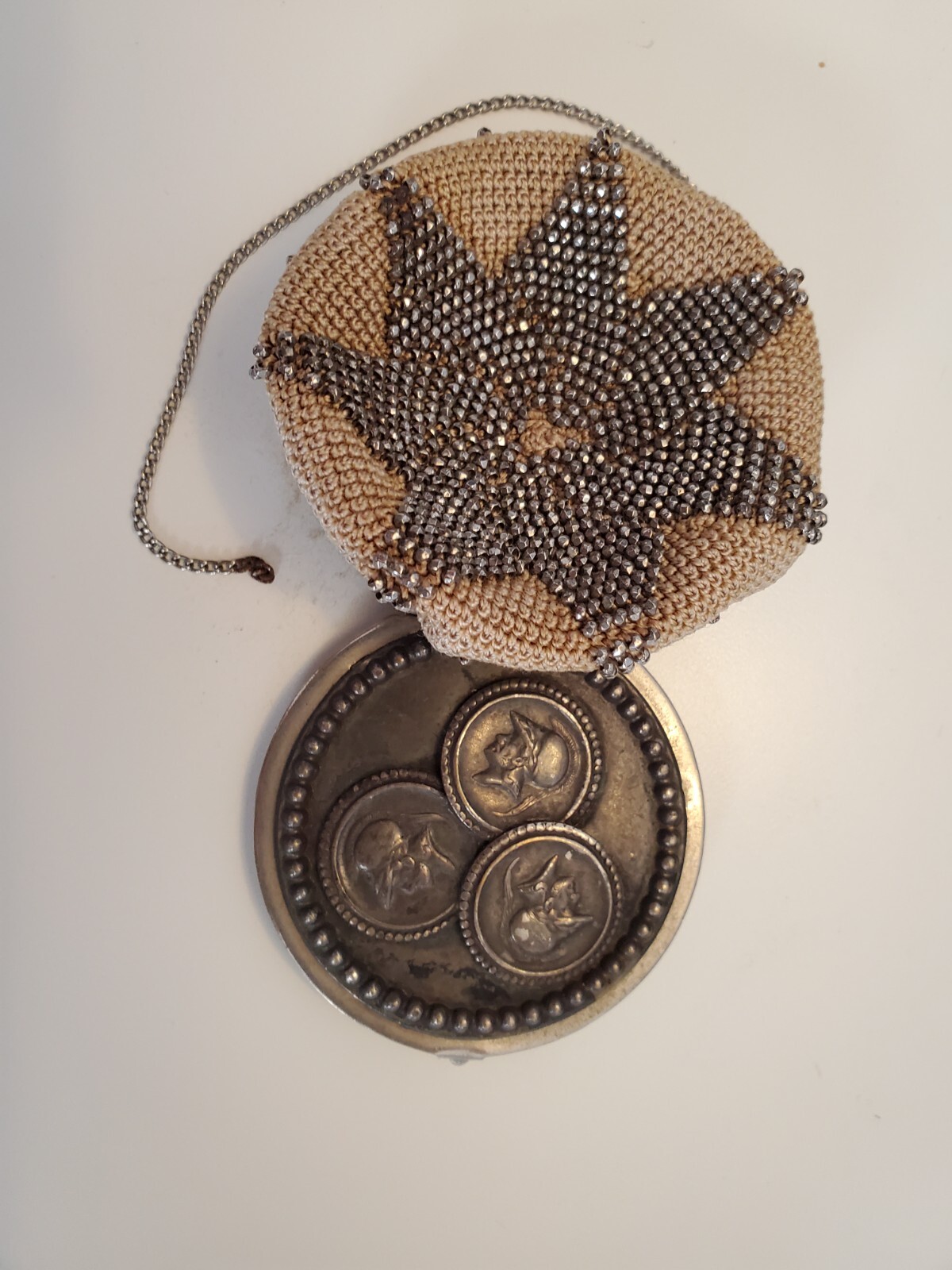 Antique Victorian Crochet Miser Purse with Steel Micro Beads, Coins on Top 1800s