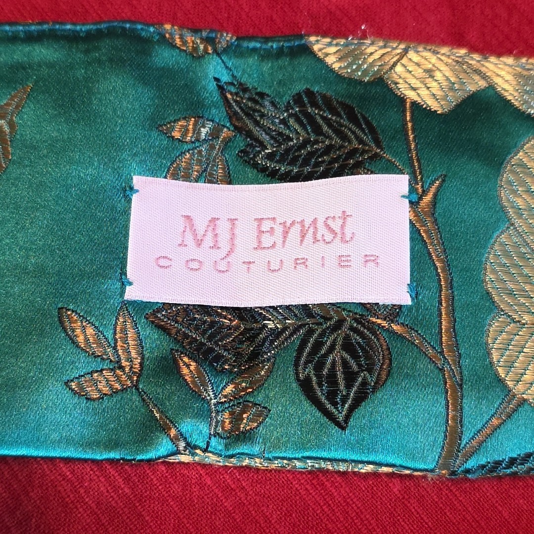 MJ Ernst Couturier Asian Brocade Sash Obi Belt Teal Emerald Floral Butterfly