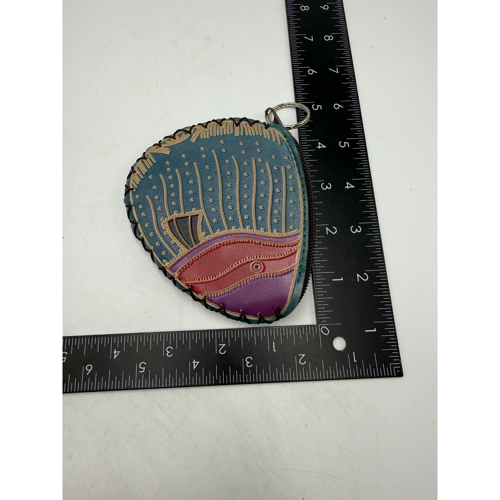 Vintage Handcrafted Leather Tropical Fish Coin Purse Keychain Teal Red Purple